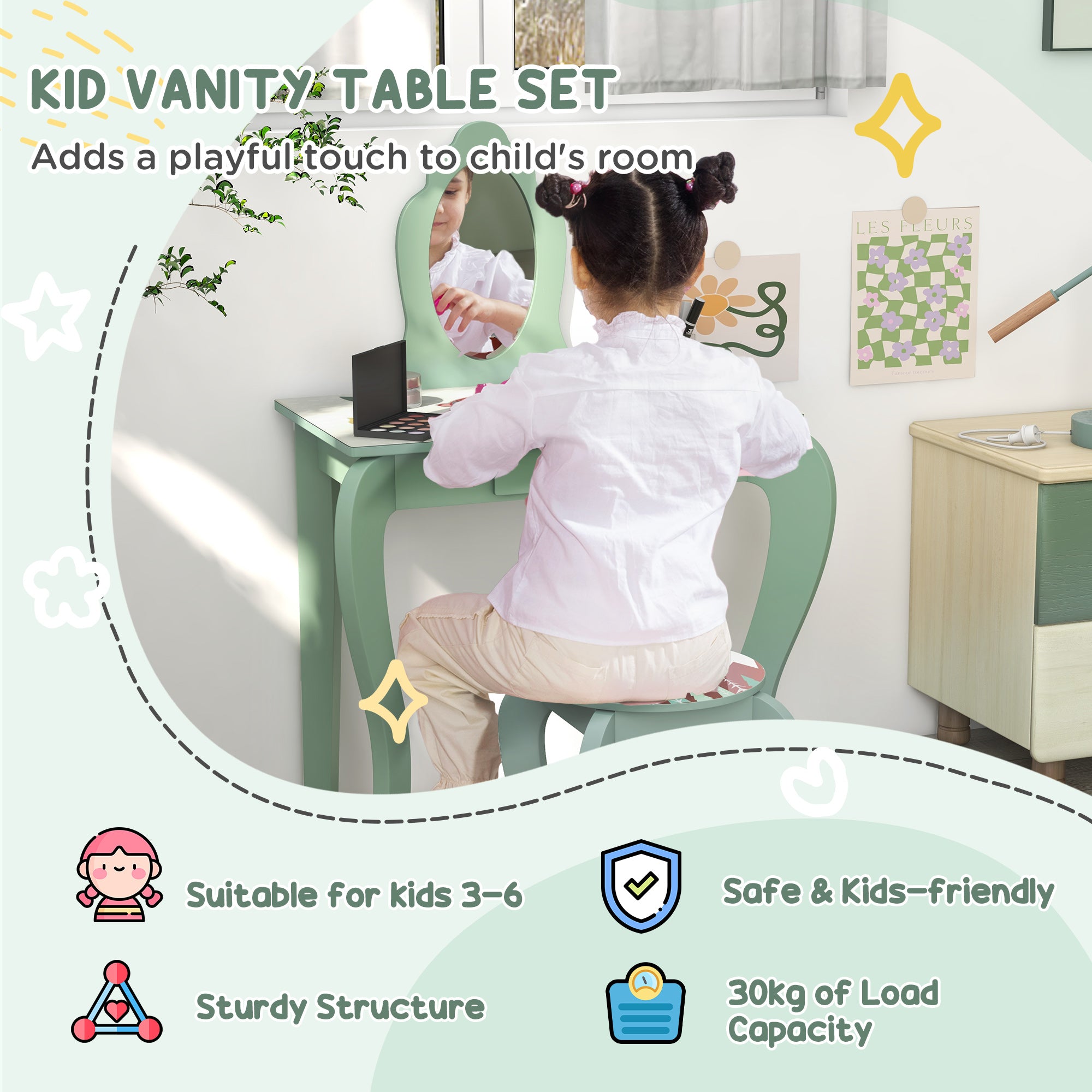 Toddler Bed Frame, Kids Dressing Table with Mirror and Stool, Cute Animal Design Kids Bedroom Furniture Set for Ages 3-6 Years, Green