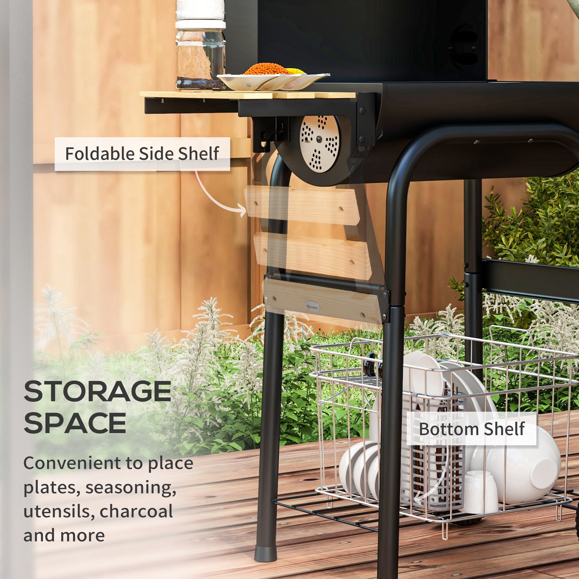 Outdoor Wheeled Charcoal Barbecue Grill Trolley with Shelves, Black