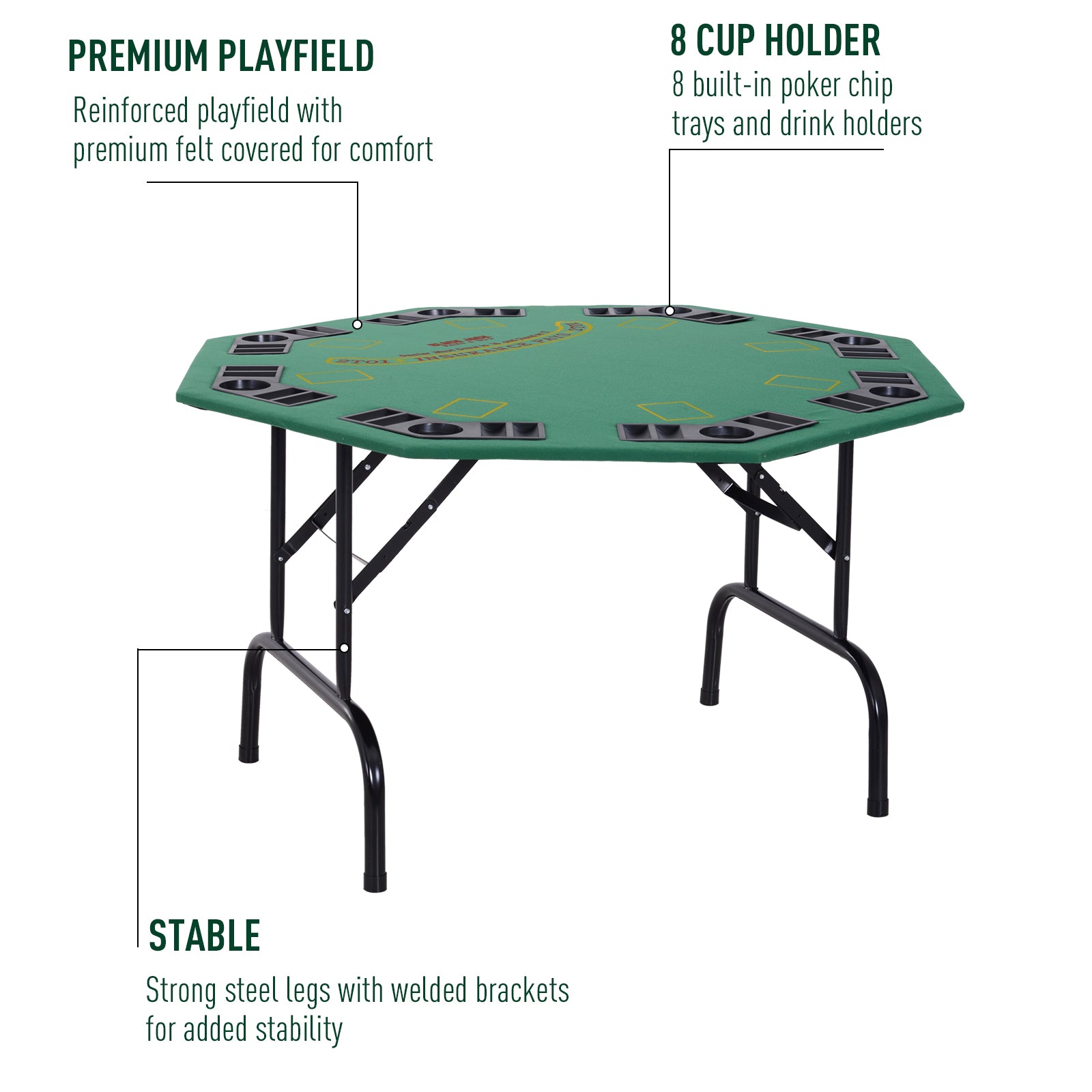 8 Player Folding Games Poker Table w/ Chip Cup Holder Steel Base Felt Top Octagon Blackjack Adult Family Friends Green