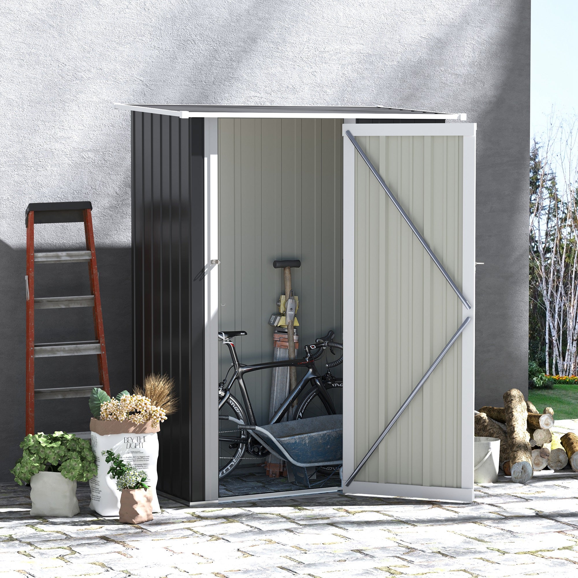 Garden Storage Shed, Outdoor Tool Shed with Sloped Roof, Lockable Door for Equipment, Bikes, Grey, 142 x 84 x 189cm