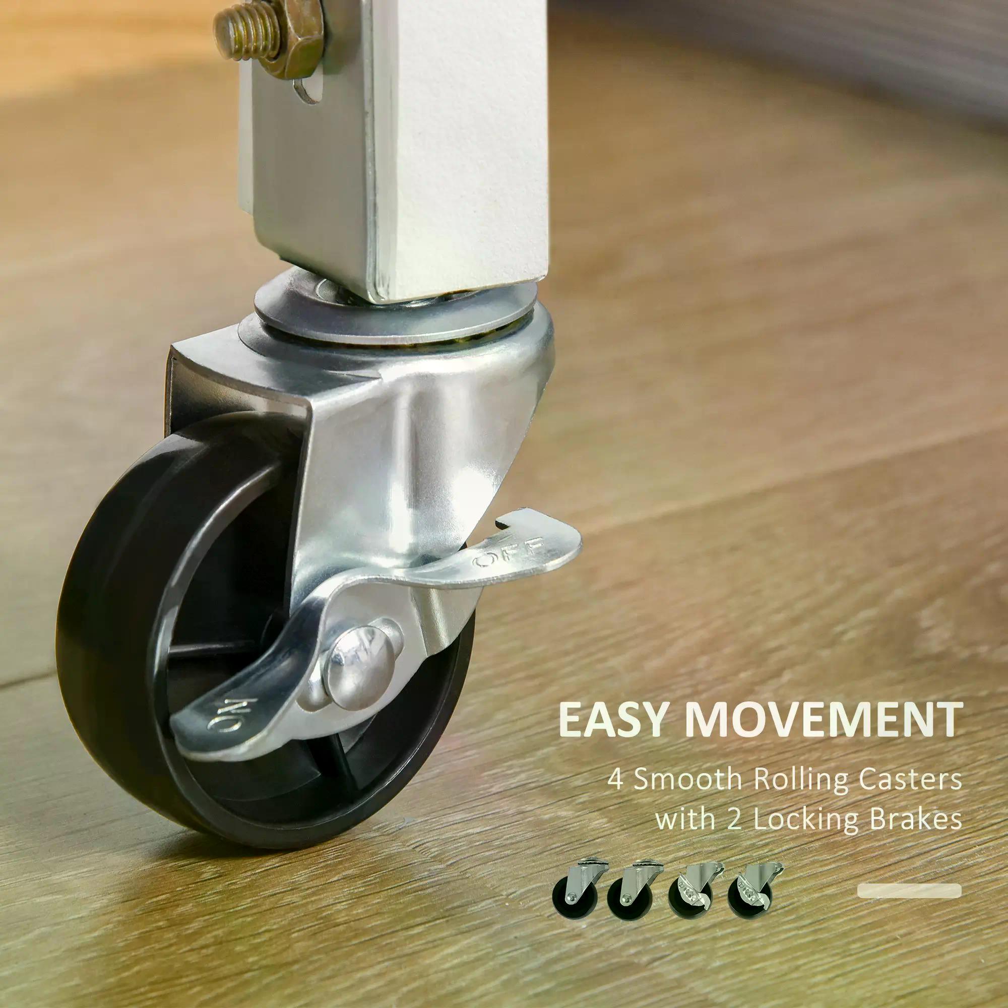 Rolling Kitchen Island Trolley Utility Cart on Wheels with Bamboo Table Top, Storage Cabinet, Drawer and Wire Basket - White