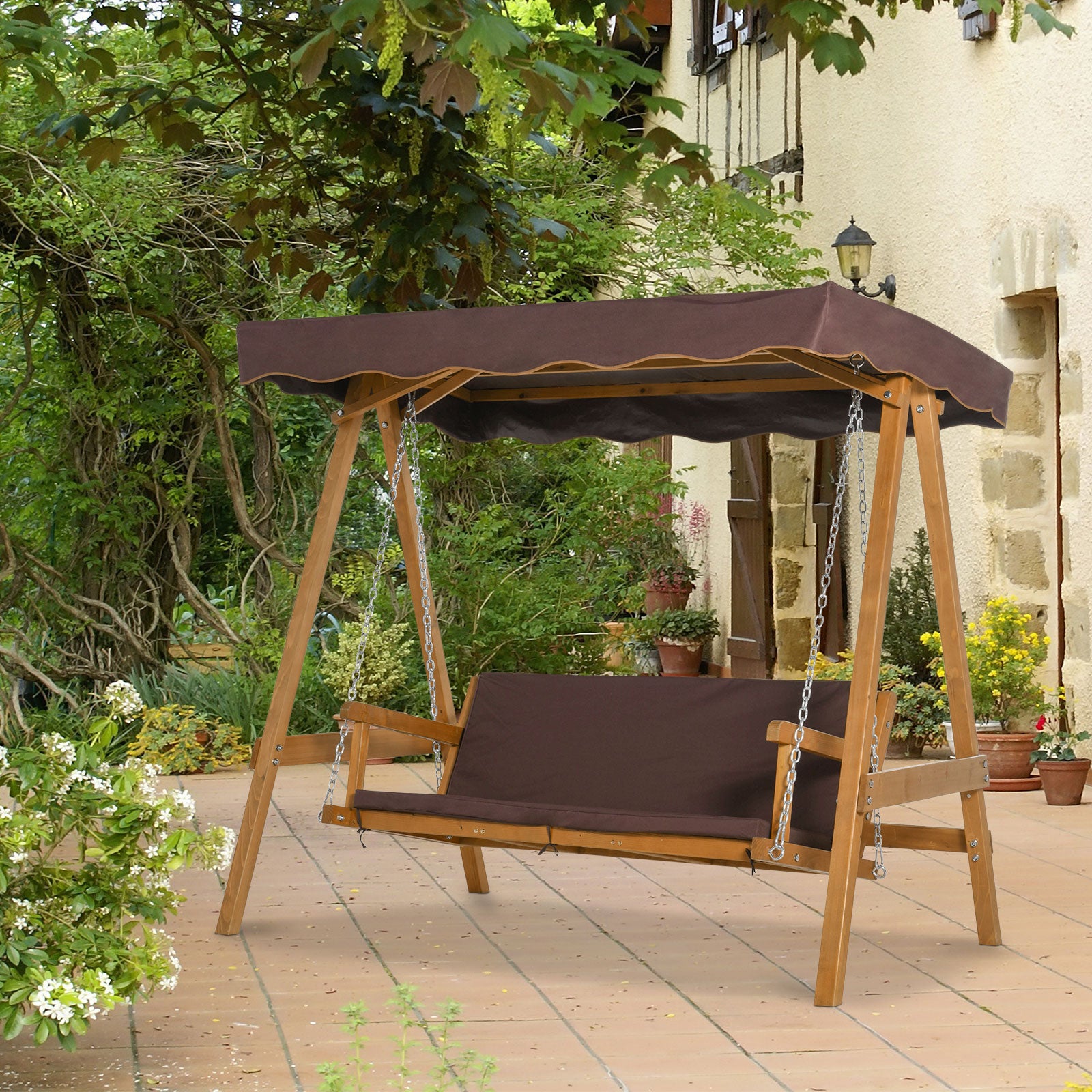 3 Seater Outdoor Garden Swing Chair with Adjustable Canopy, Wooden Hammock Bench with Padded Cushions for Patio Yard, Brown