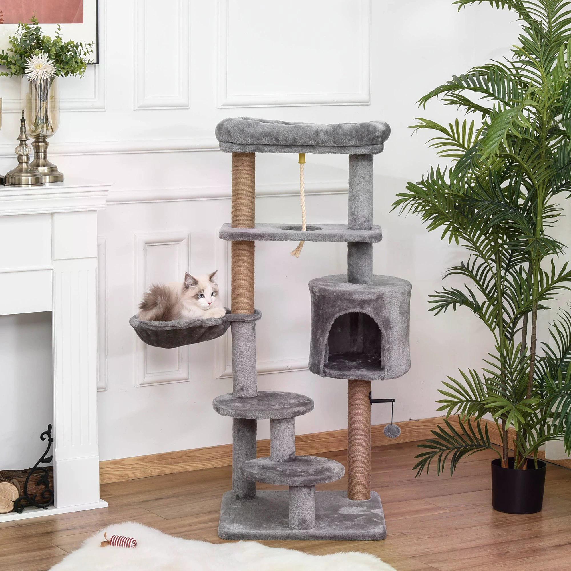 Cat Tree Cat Scratching Post 120cm with Jute Scratching Post Perch Hanging Ball Hammock Teasing Rope Condo Toy Light Grey