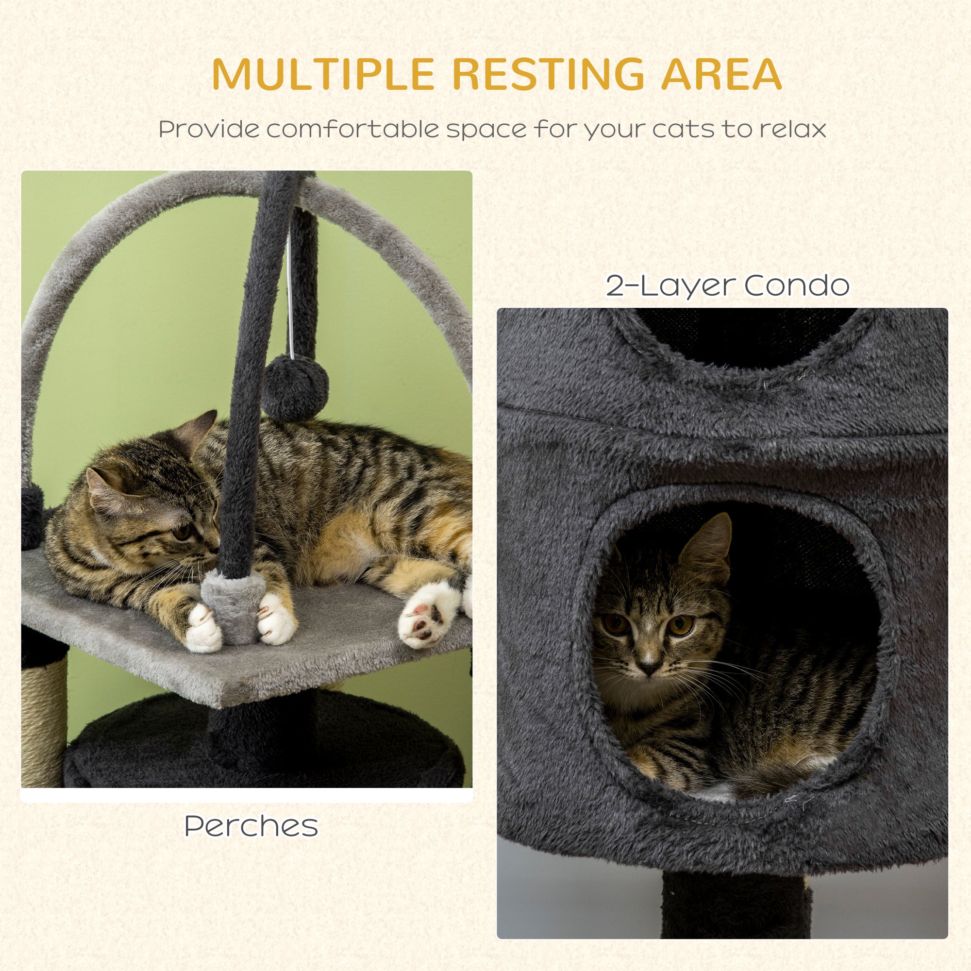 Cat Tree, with Scratching Posts, Cat House, Bed, Hanging Toy Ball - Grey