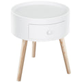 Modern Round Coffee Table with Drawer Wooden Legs Storage Side Table - White