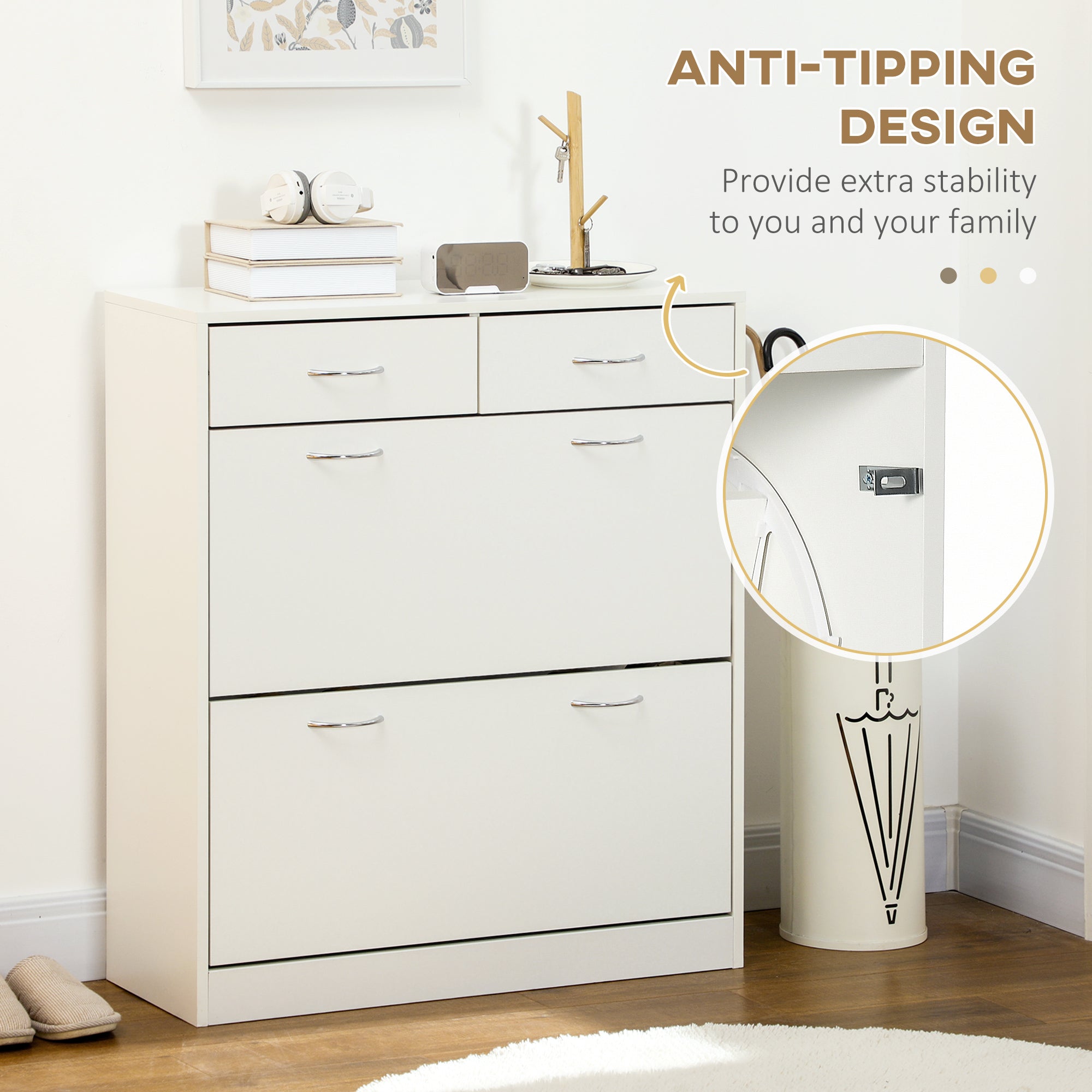 Narrow Shoe Cabinet with 2 Flip Drawers & Adjustable Shelves for 12 Pairs - White