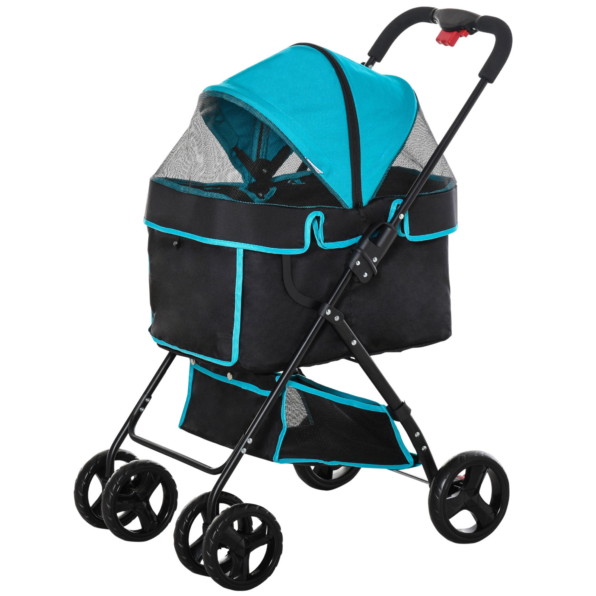 Pet Stroller Pushchair Travel One-Click Fold Trolley with EVA Wheels Brake Removable Cloth Basket Bottle Holder Adjustable Canopy Safety Leash