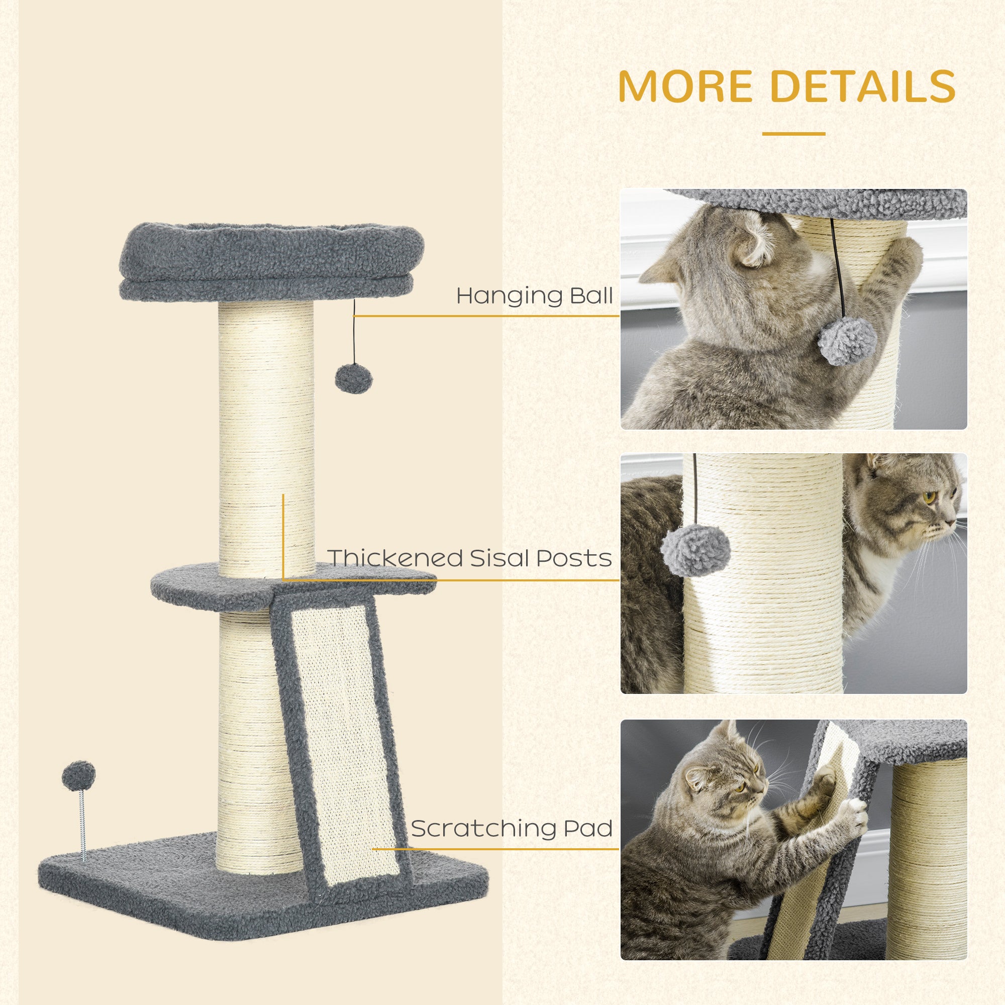 Cat Tree Cat Tower with Cat Scratching Posts, Pad, Bed, Toy Ball for Cats under 6 Kg, Dark Grey & Beige