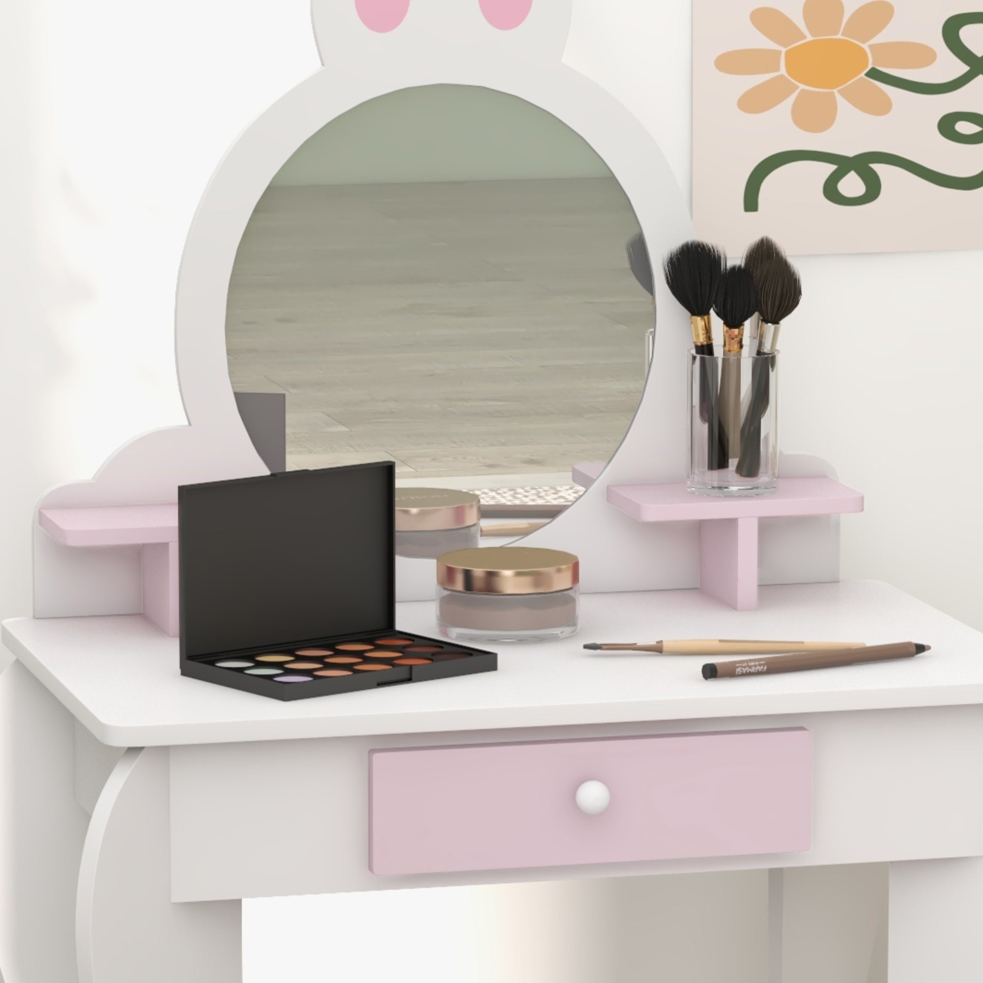 Bunny-Design Kids Dressing Table, with Mirror and Stool - White and Pink