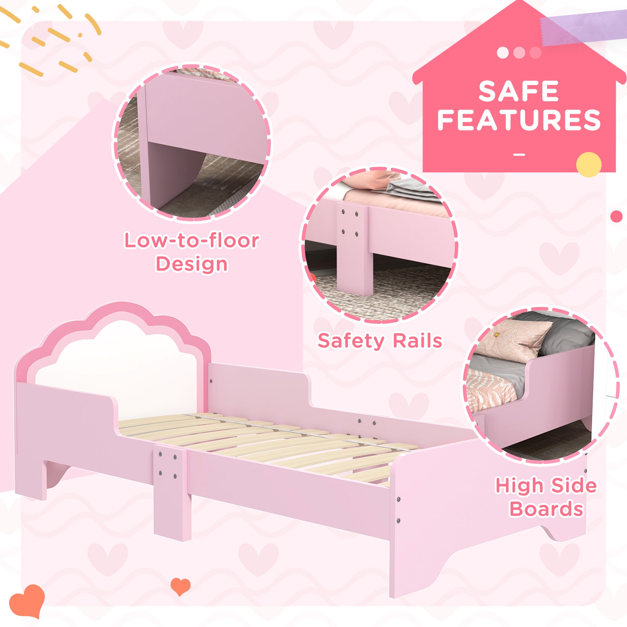 Toddler Bed Frame, Princess Bed for Kids, Cloud Design, 143 x 74 x 55 cm, Pink