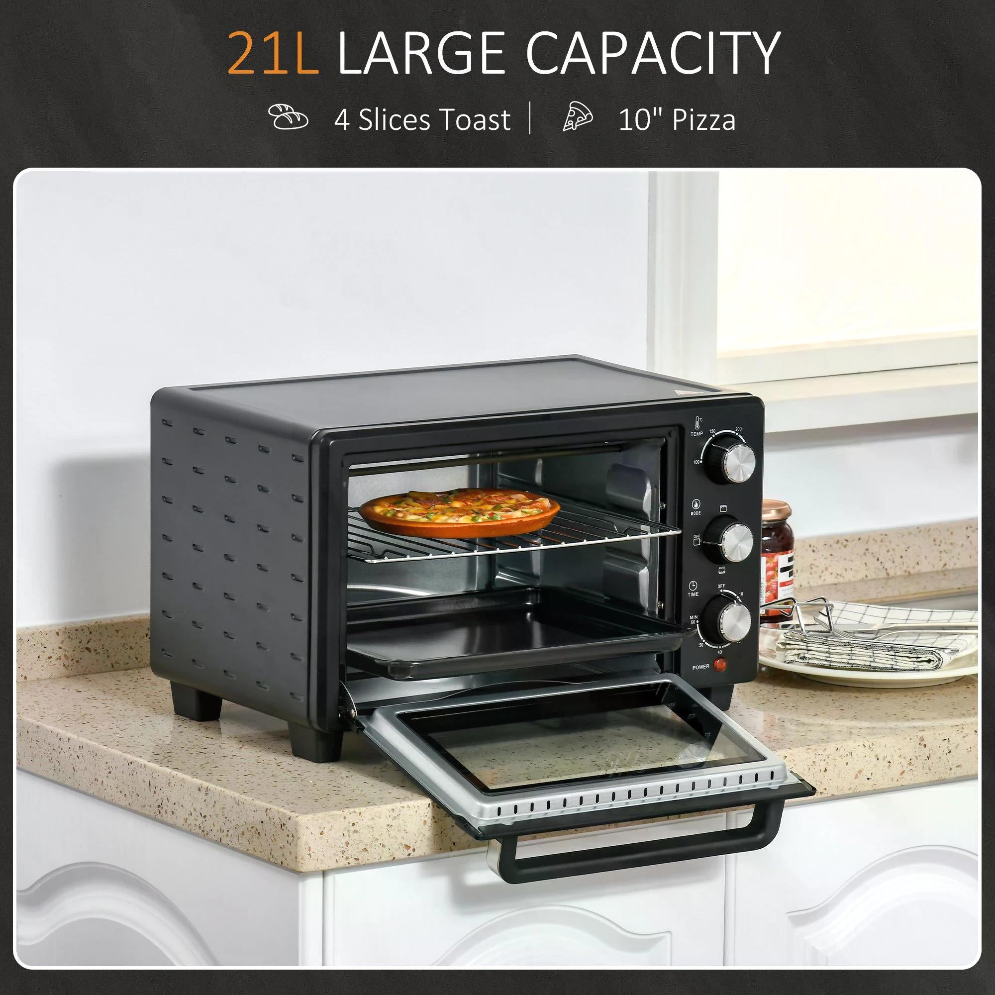 Mini Oven, 21L Countertop Electric Grill, Toaster Oven with Adjustable Temperature, Timer, Baking Tray and Wire Rack, 1400W