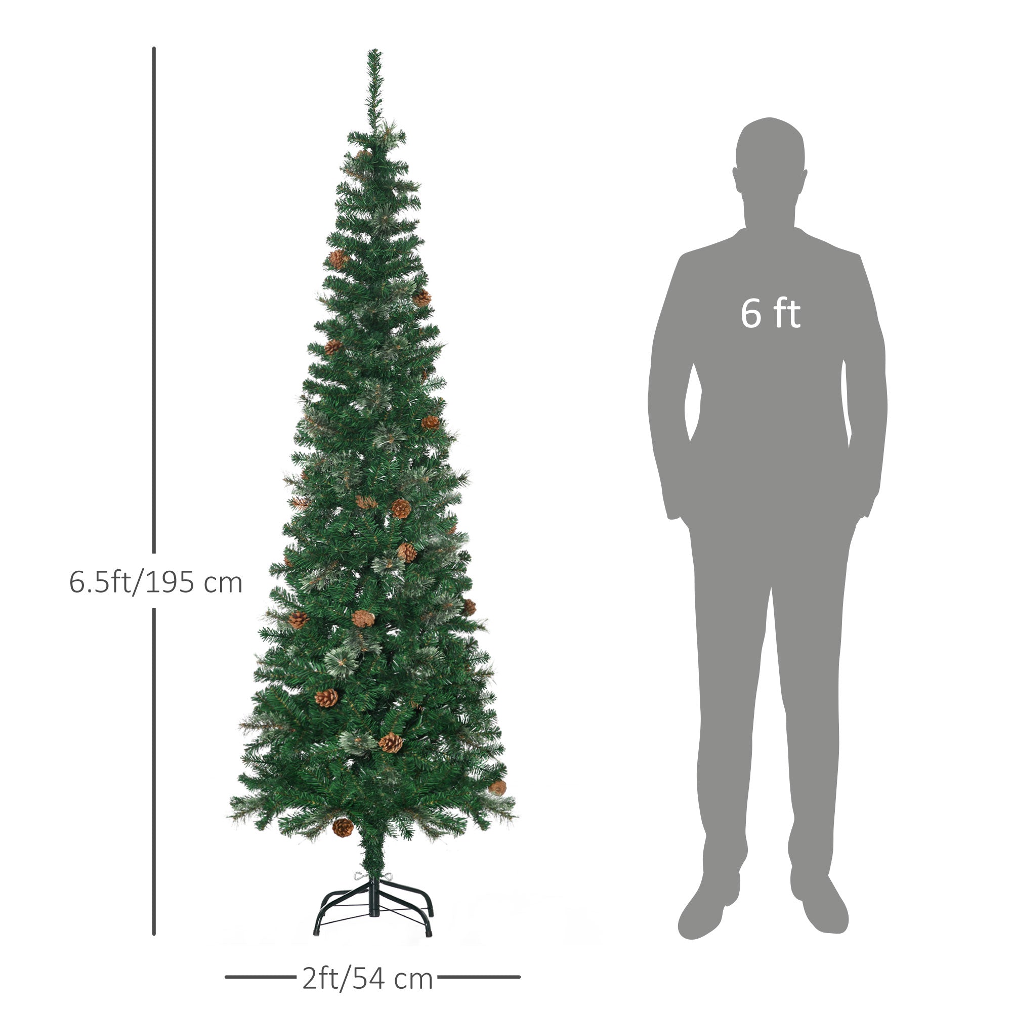 6.5' Tall Slim Christmas Tree Artificial with Realistic Branches, 556 Tip Count and 27 Pine Cones, Xmas