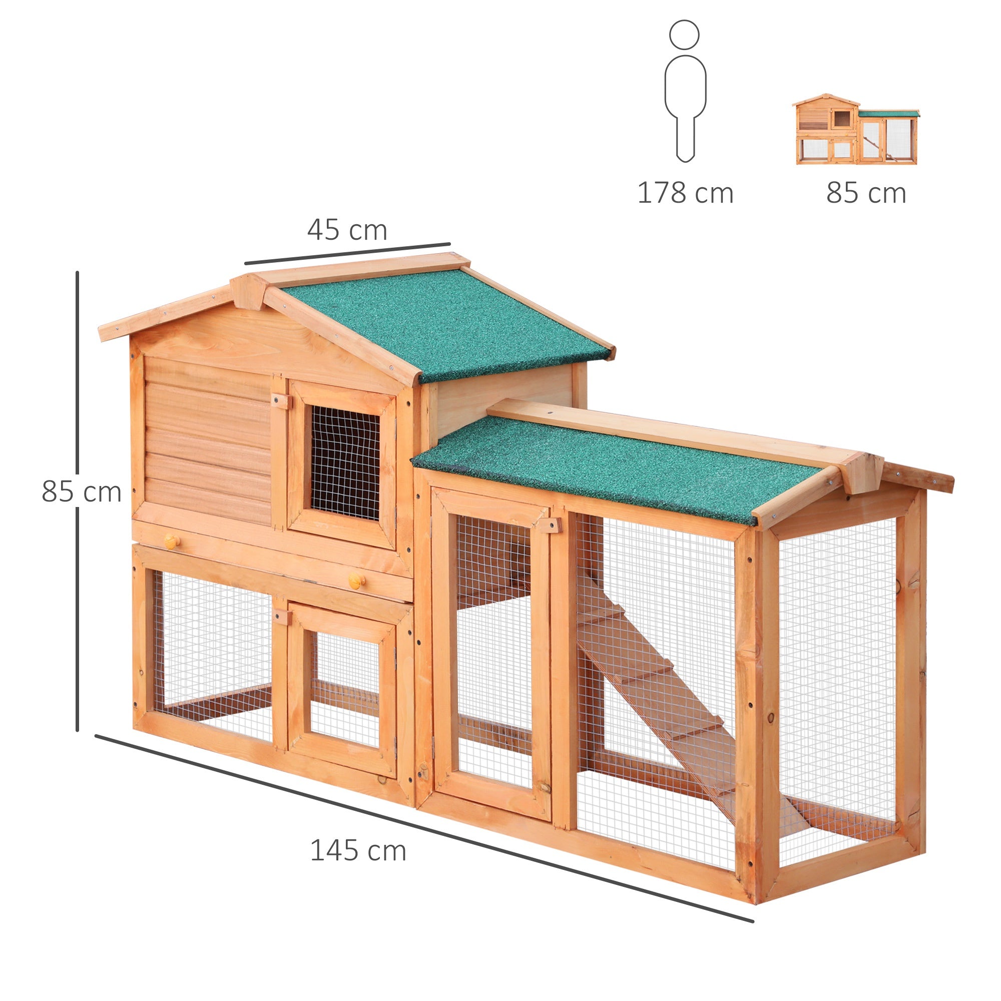 Rabbit 2 Tier Fir Wood Small Animal Hutch w/ Ramp Brown
