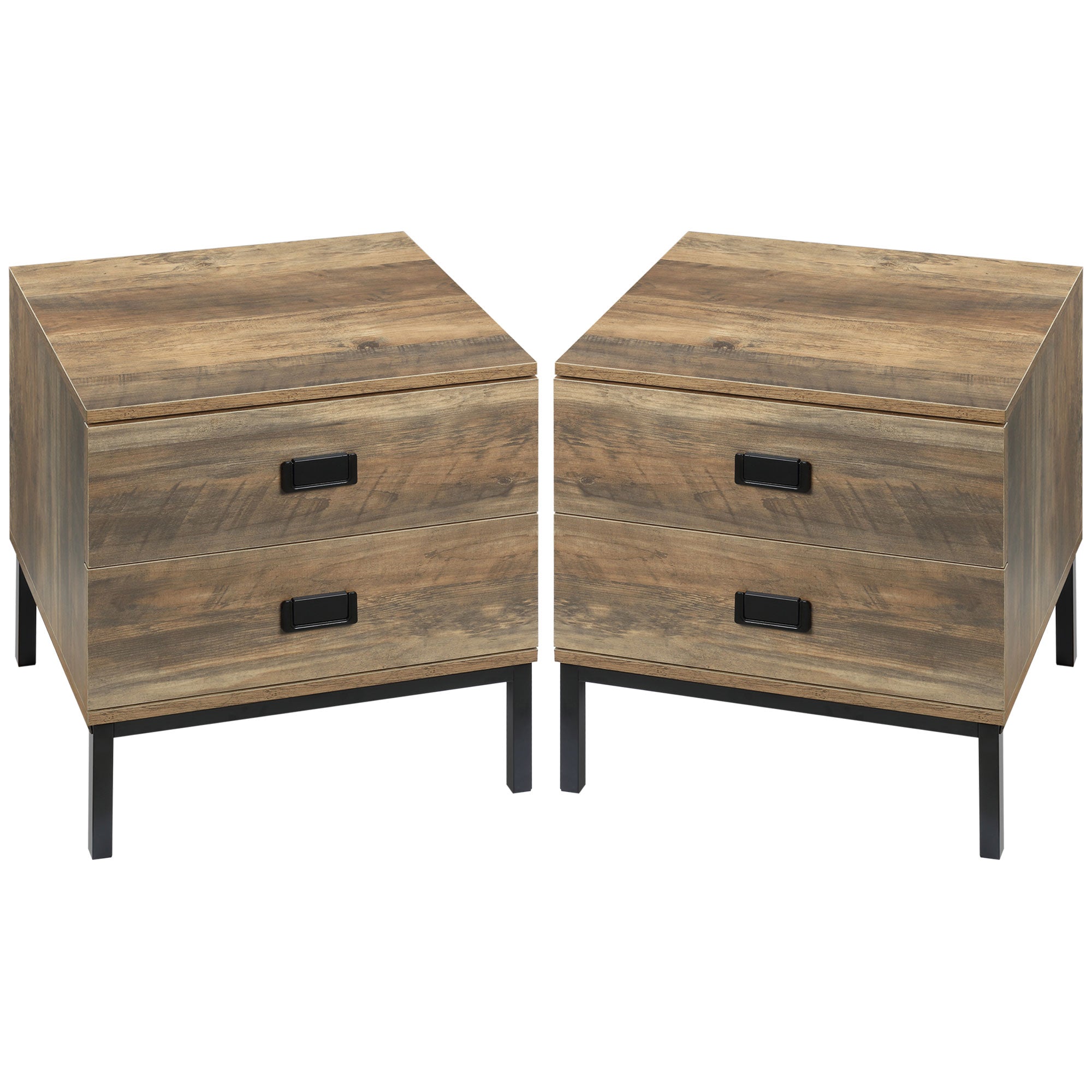 Retro Bedside Table, End Side Table with 2 Drawers, Metal Frame for Bedroom, Living Room, Set of 2, Coffee