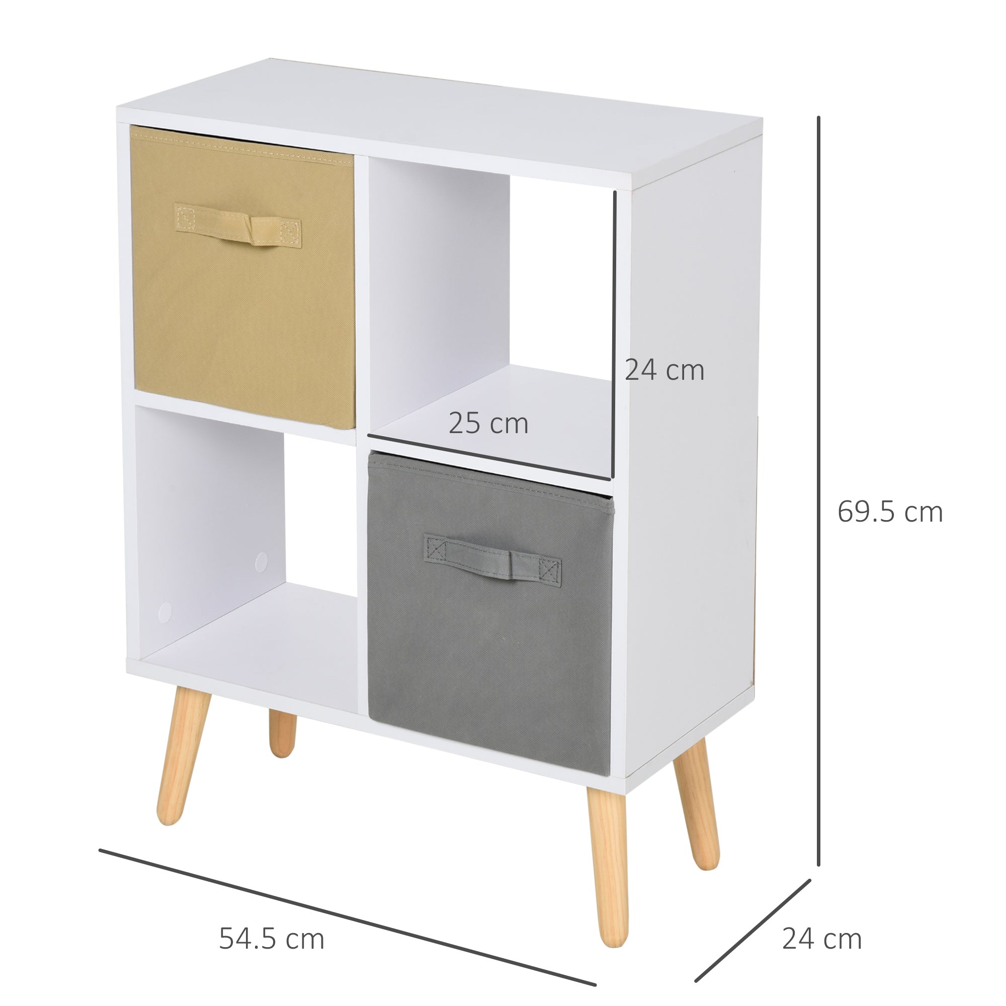 Freestanding 4 Cube Storage Cabinet Unit w/ 2 Fabric Drawers Handles Home Office Organisation Shelves Furniture 54.5L x 24W x 69.5H cm