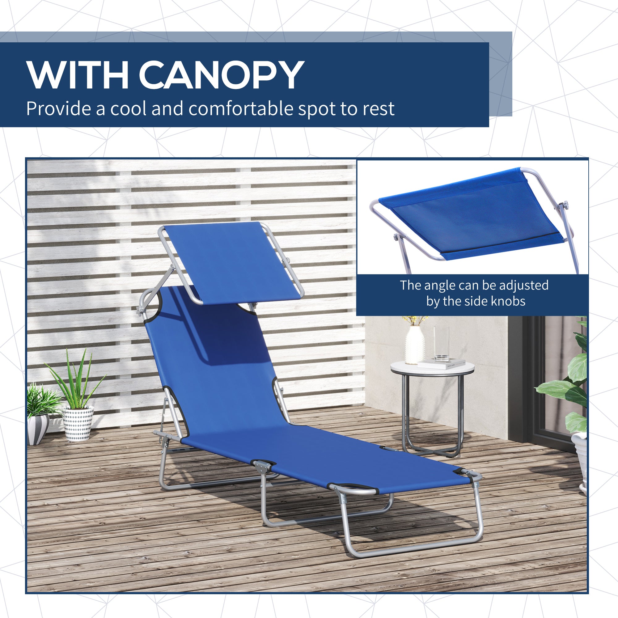 Reclining Chair Folding Lounger Seat Sun Lounger with Sun Shade Awning Beach Garden Outdoor Patio Recliner Adjustable, Blue