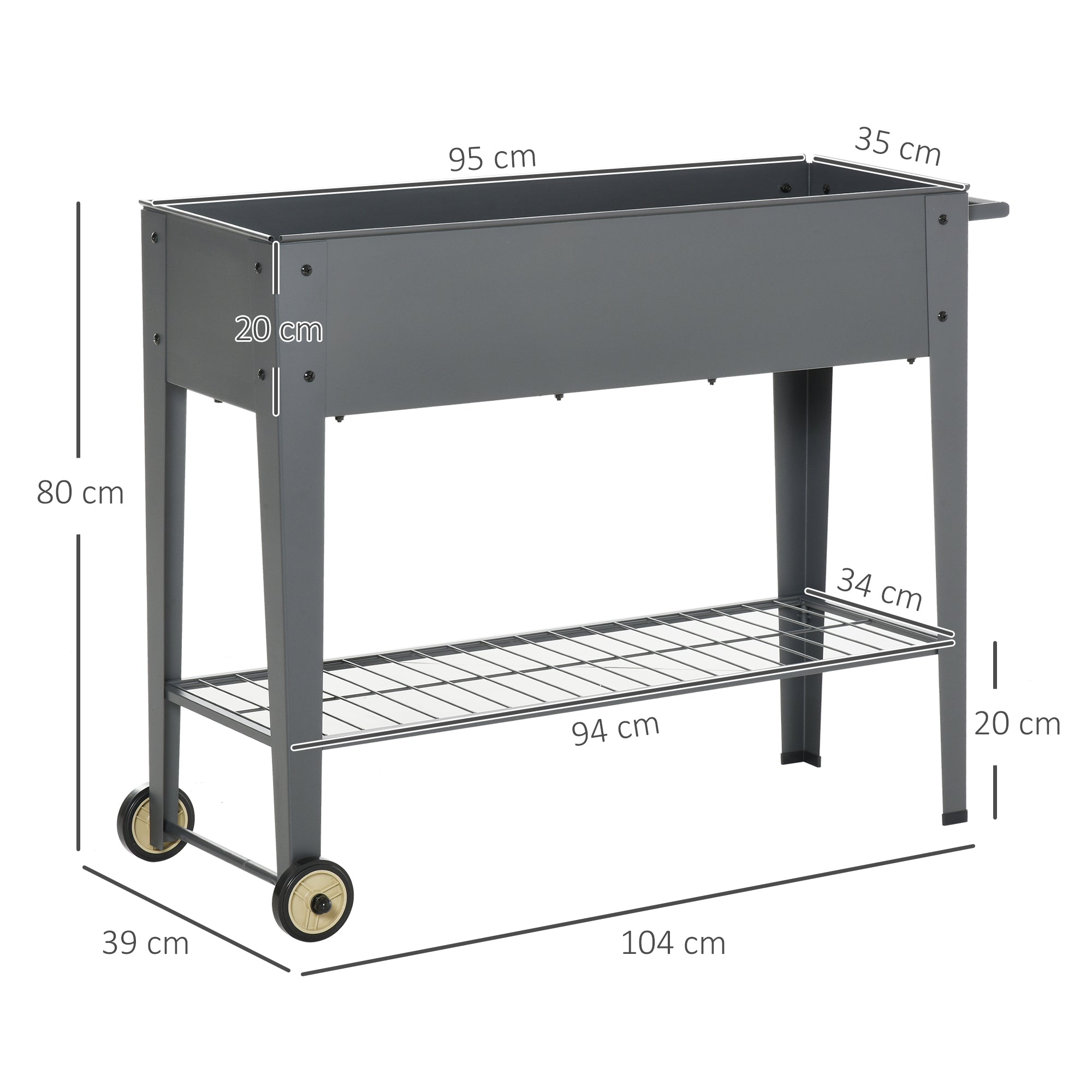 Raised Garden Bed with Wheels, Mobile Planter Flower Box with Bottom Shelf Grey, 104 x 39 x 80cm