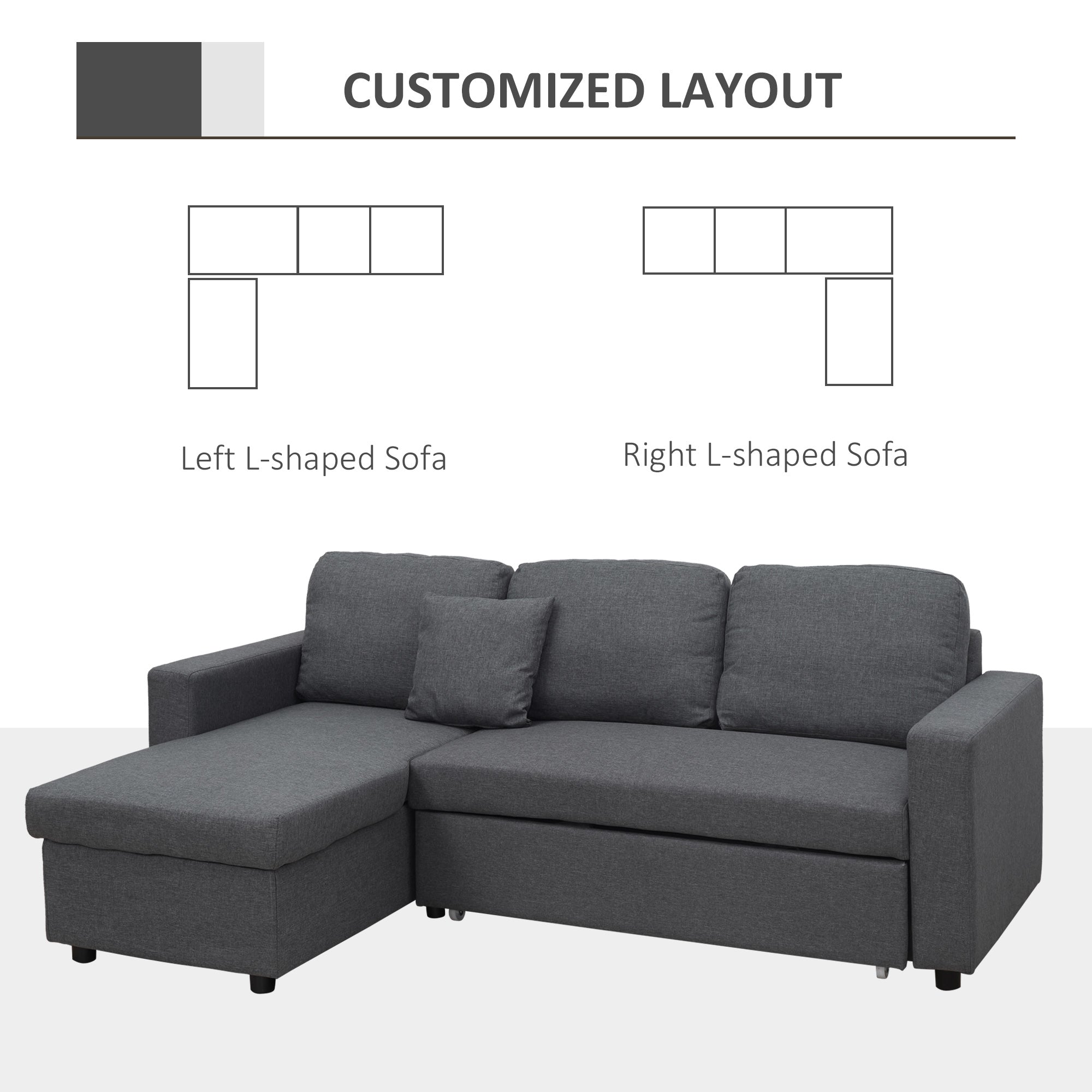 3 Seater Corner Sofa Bed with Storage, L Couches for Living Room with Chaise Lounge, Double Sofa, Grey