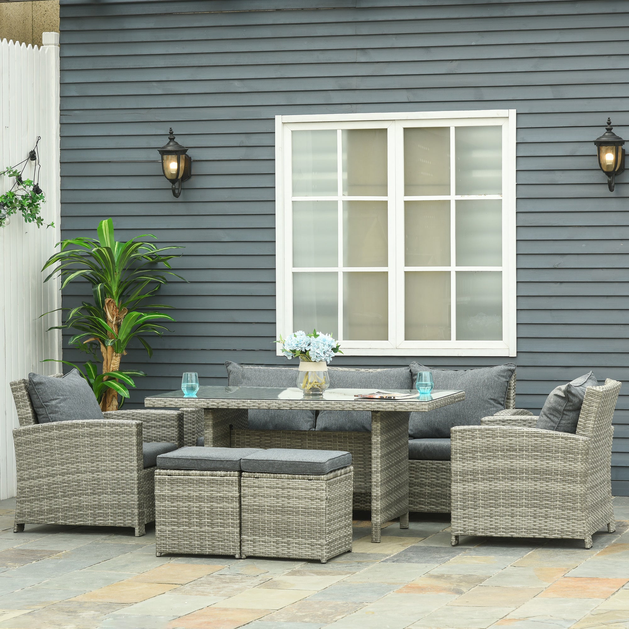 7-Seater Rattan Dining Set Sofa Table Garden Rattan Furniture Footstool Outdoor w/ Cushion, Grey