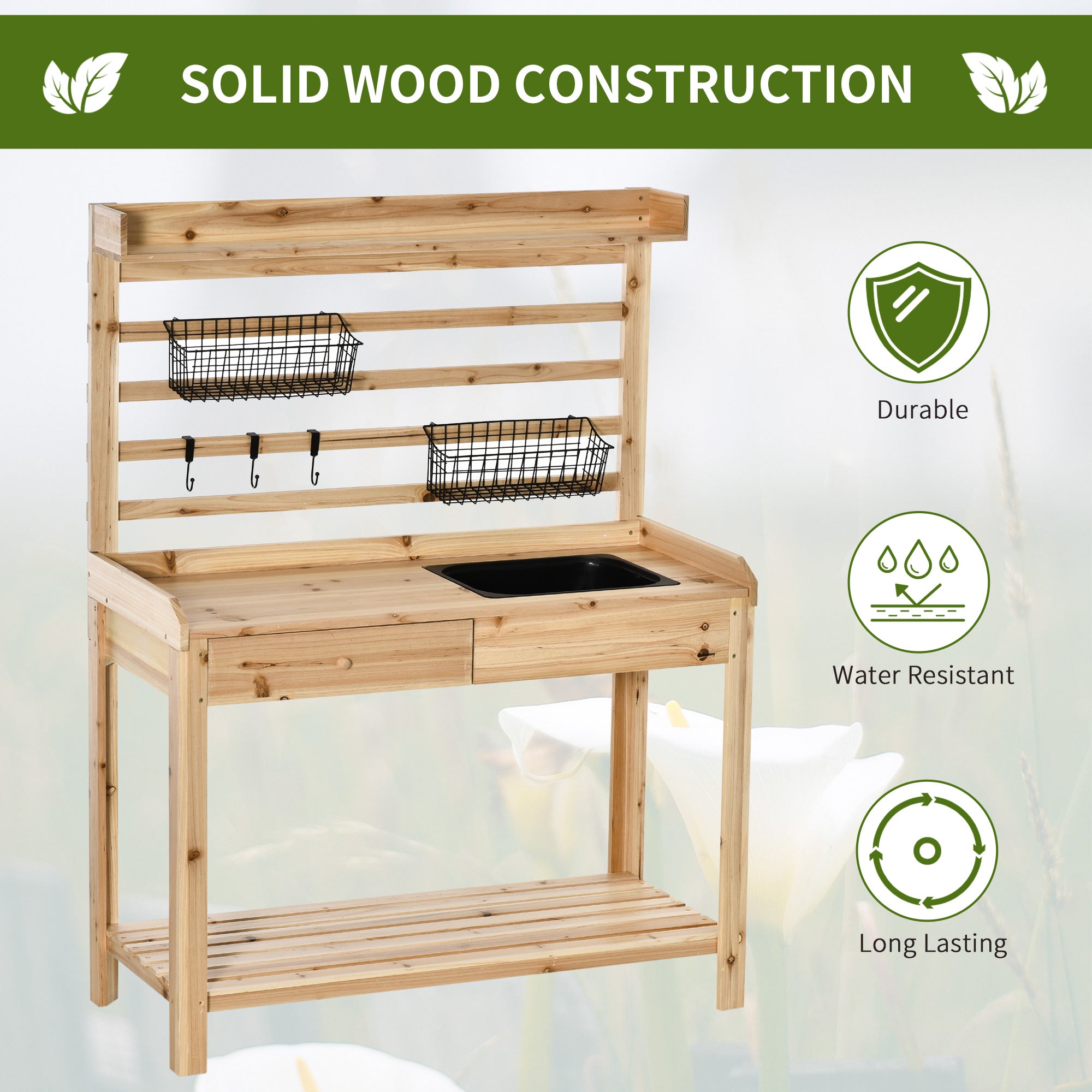 Potting Bench Table, Garden Work Bench, Workstation with Metal Sieve Screen, Removable Sink, Additional Hooks and Baskets for Patio, Balcony