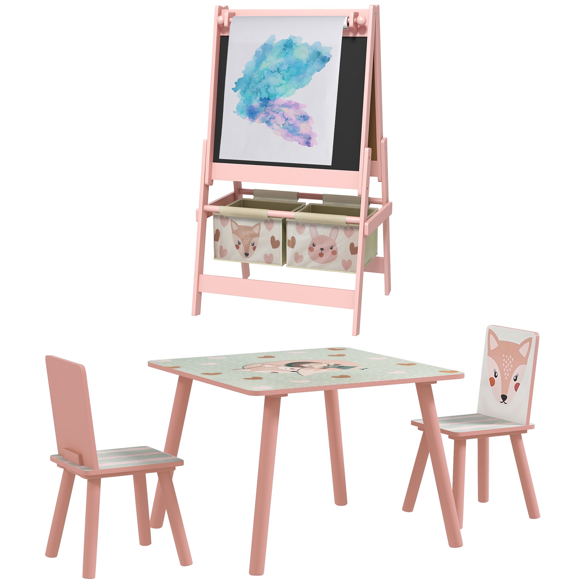 Kids Table and Chair Set and Kids Easel with Paper Roll, Storage Baskets, Kids Activity Furniture Set, Pink