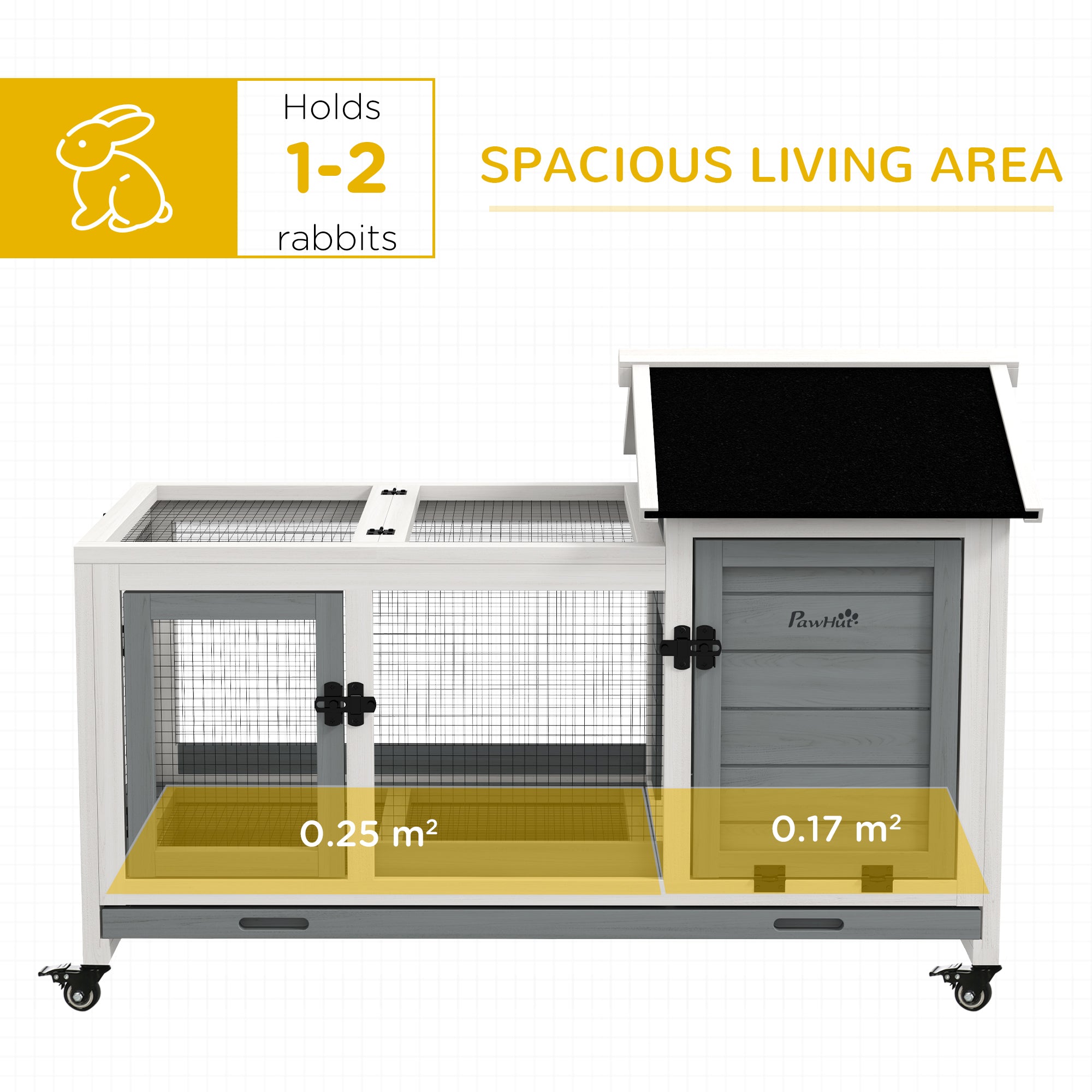 Wooden Rabbit Hutch, Guinea Pig Cage, with Removable Tray, Wheels - Grey