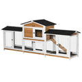 2 Tier Wooden Rabbit Hutch with Double Side Run Boxes, Slide-out Tray & Ramp, 230x53x93.5cm - Black White Yellow