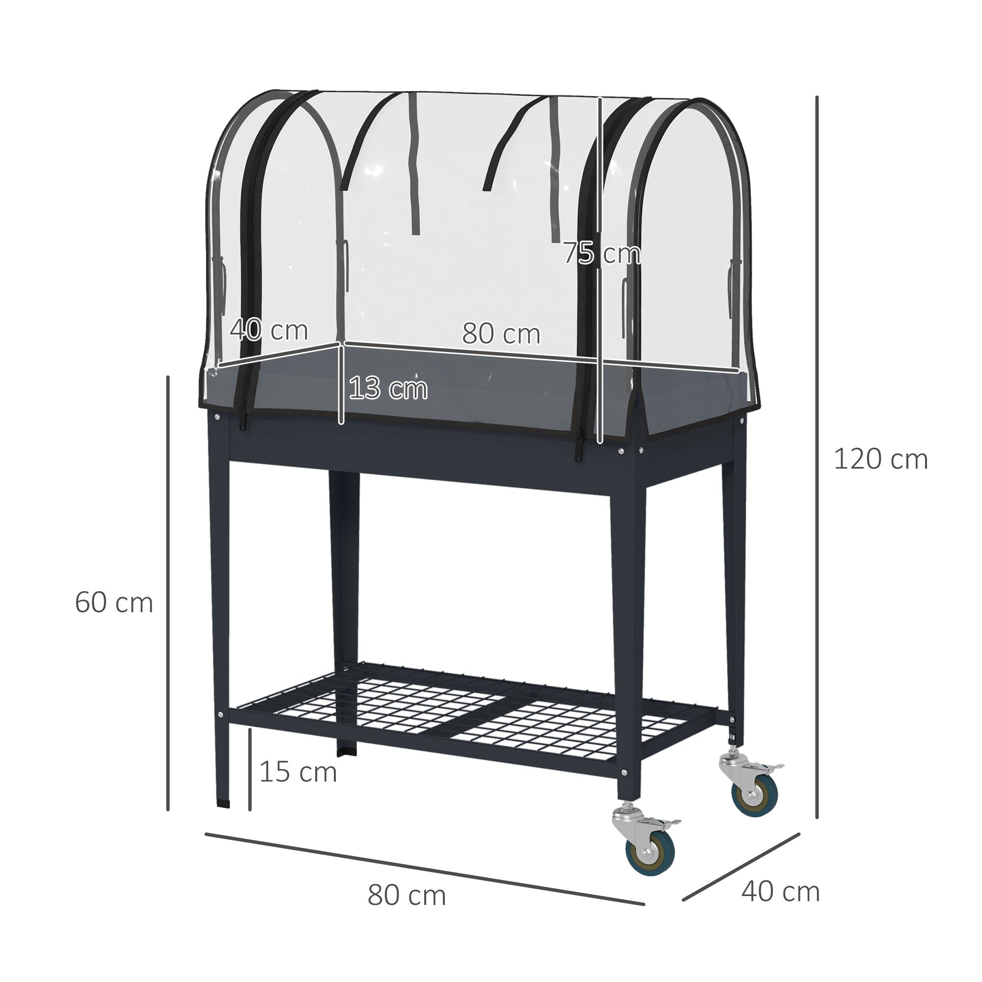 Raised Planter with Greenhouse Cover, Mobile Elevated Garden Bed with Wheels and Bottom Shelf for Vegetables, Dark Grey