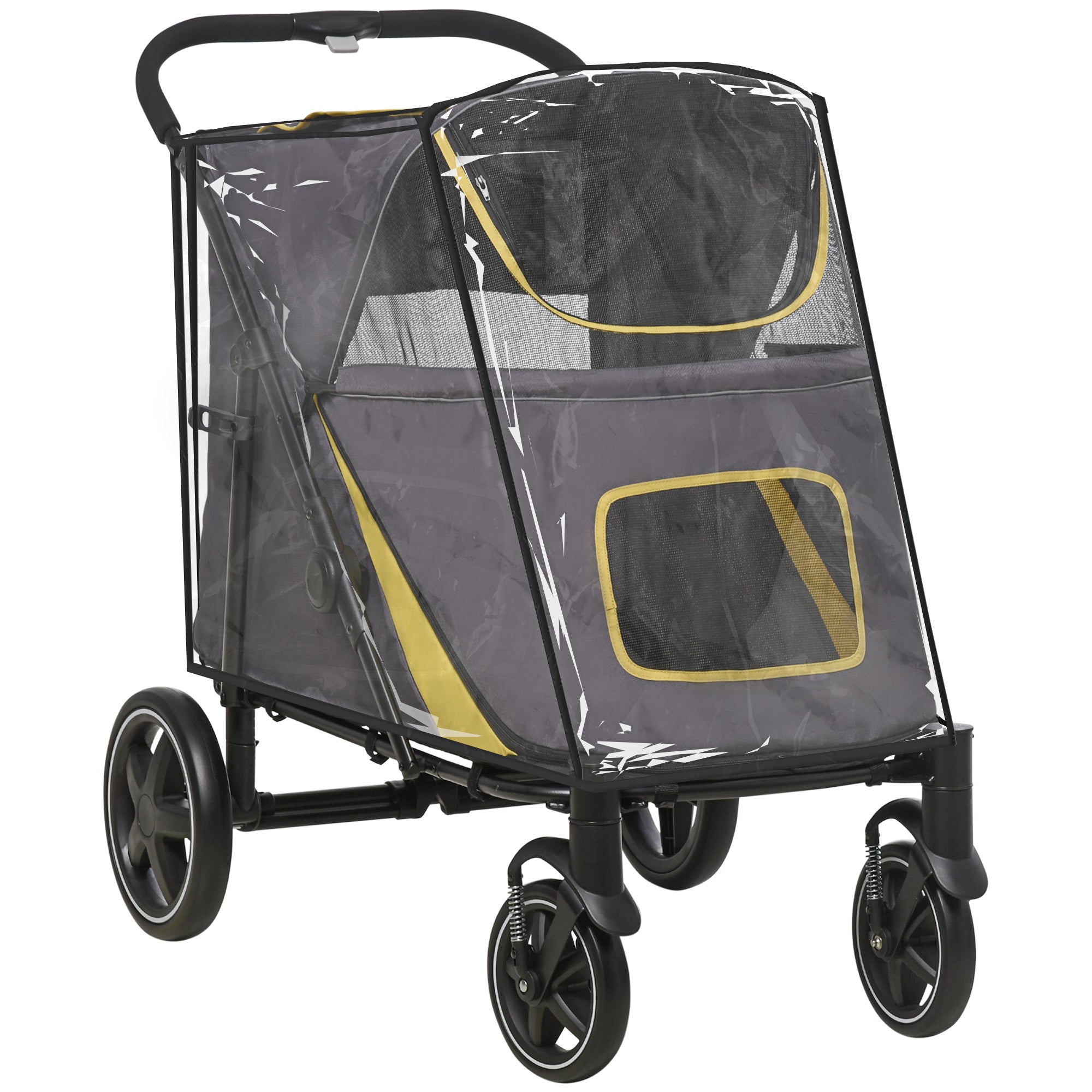 One-Click Foldable Pet Travel Stroller with Rain Cover, Cat Dog Pushchair with Front Wheels, Shock Absorber, Storage Bags, Mesh