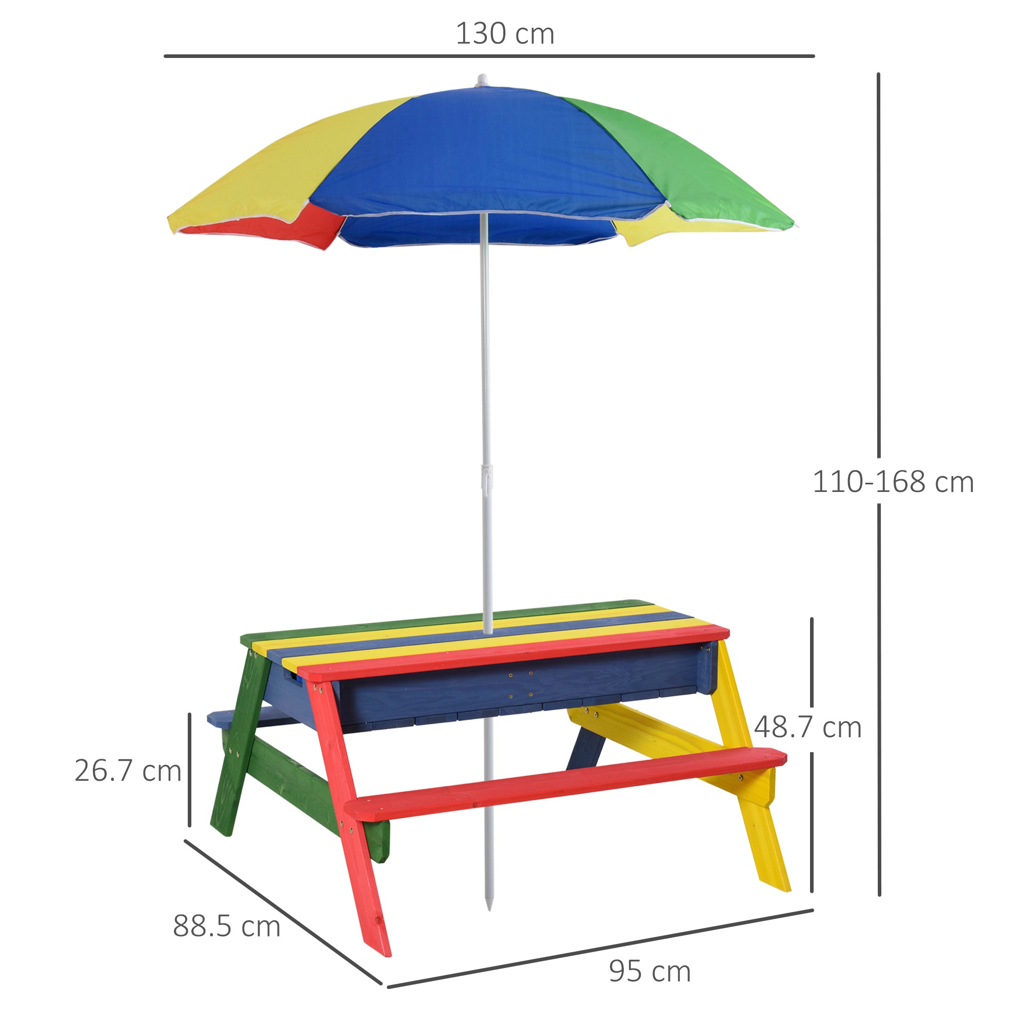 Kids Picnic Table Set Wooden Bench Rainbow with Sandbox Removable & Height Adjustable Parasol Outdoor Garden Patio Backyard Beach