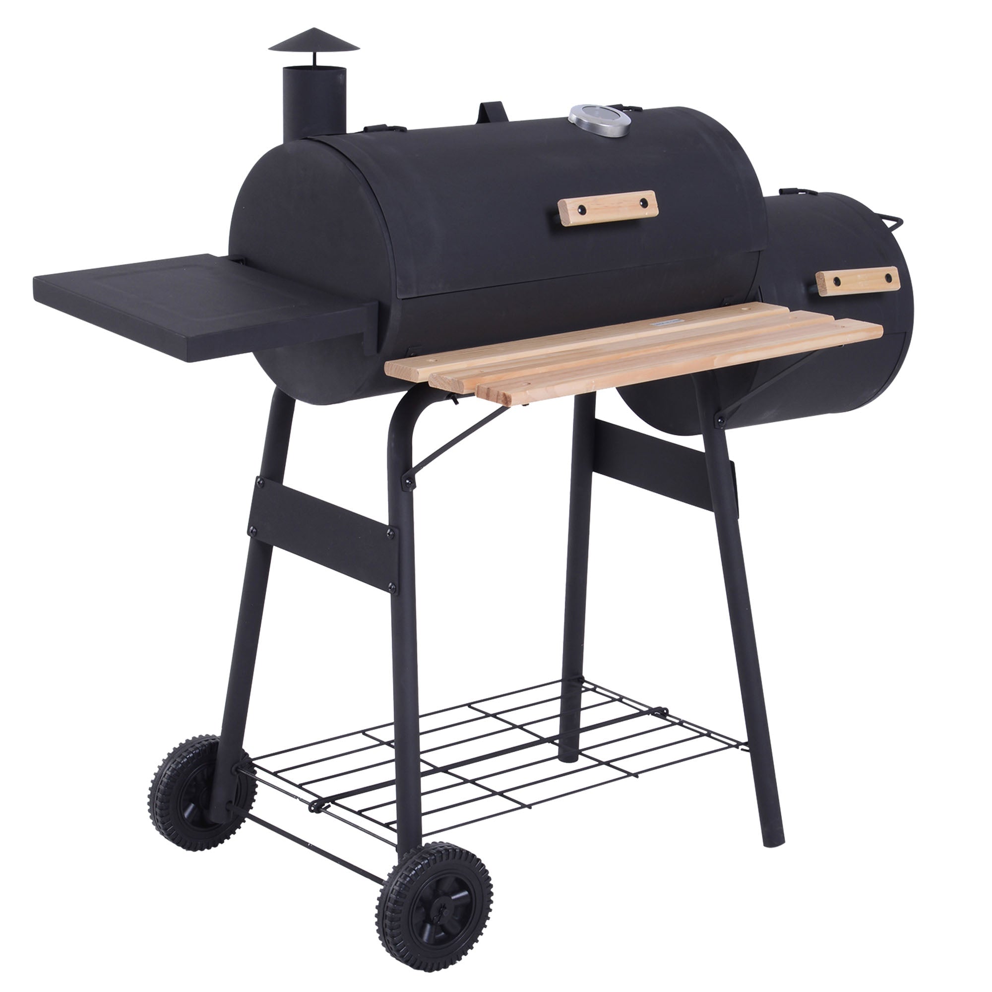 Charcoal Barbecue Grill Garden Portable BBQ Trolley w/ Offset Smoker Combo, Handy Shelves and On-lid Thermometer