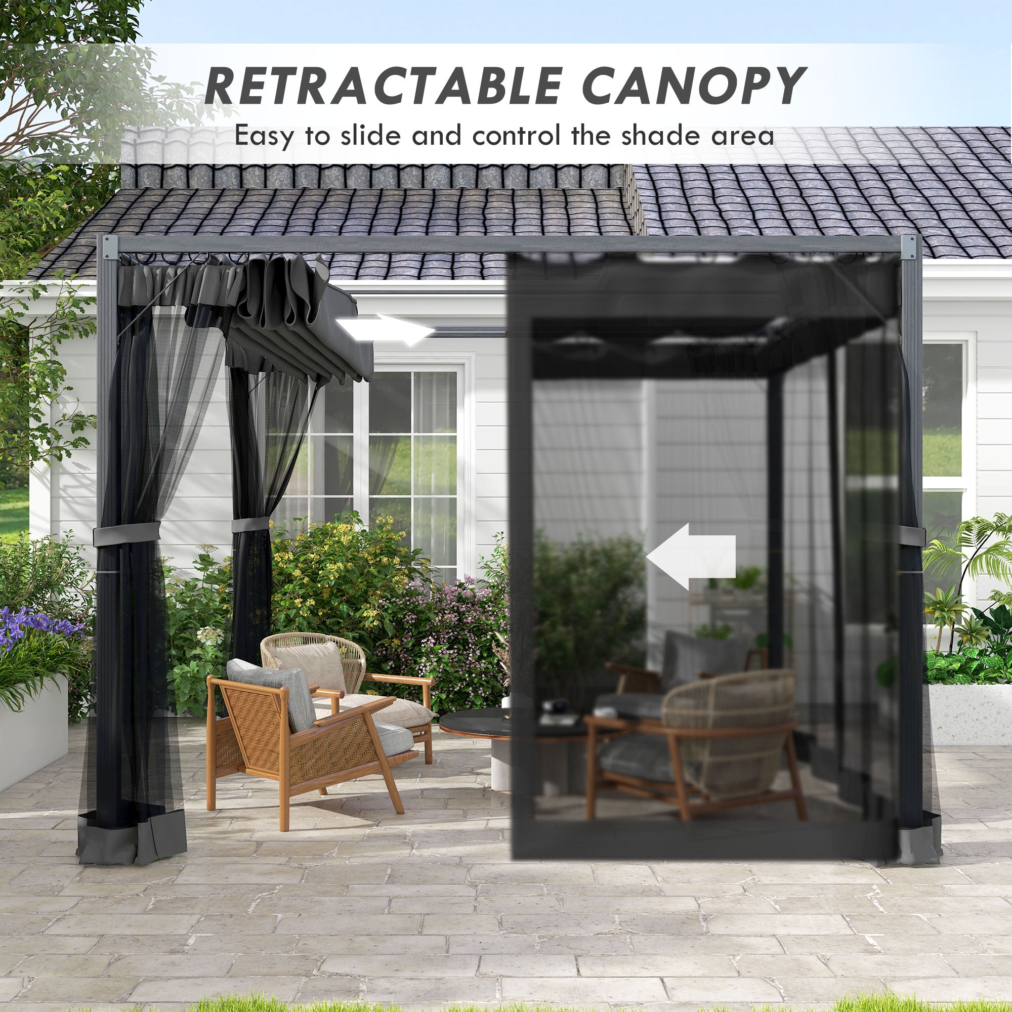 3 x 3 m Retractable Pergola, Garden Gazebo Shelter with Nettings, for Grill, Patio, Deck, Dark Grey