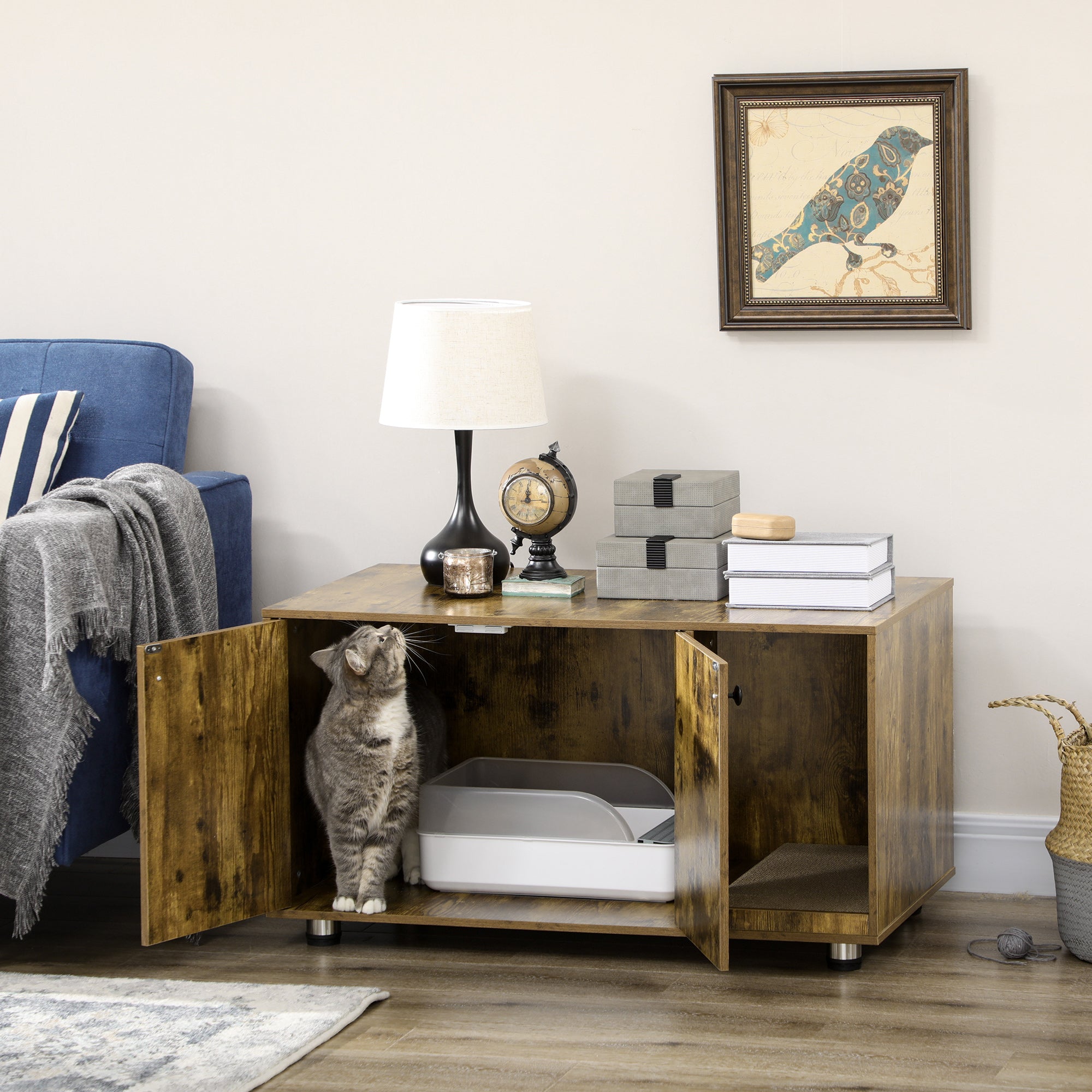 Cat Litter Box Enclosure, Hidden Cat Washroom, Decorative End Table with Double Doors, Scratching Pad, Rustic Brown