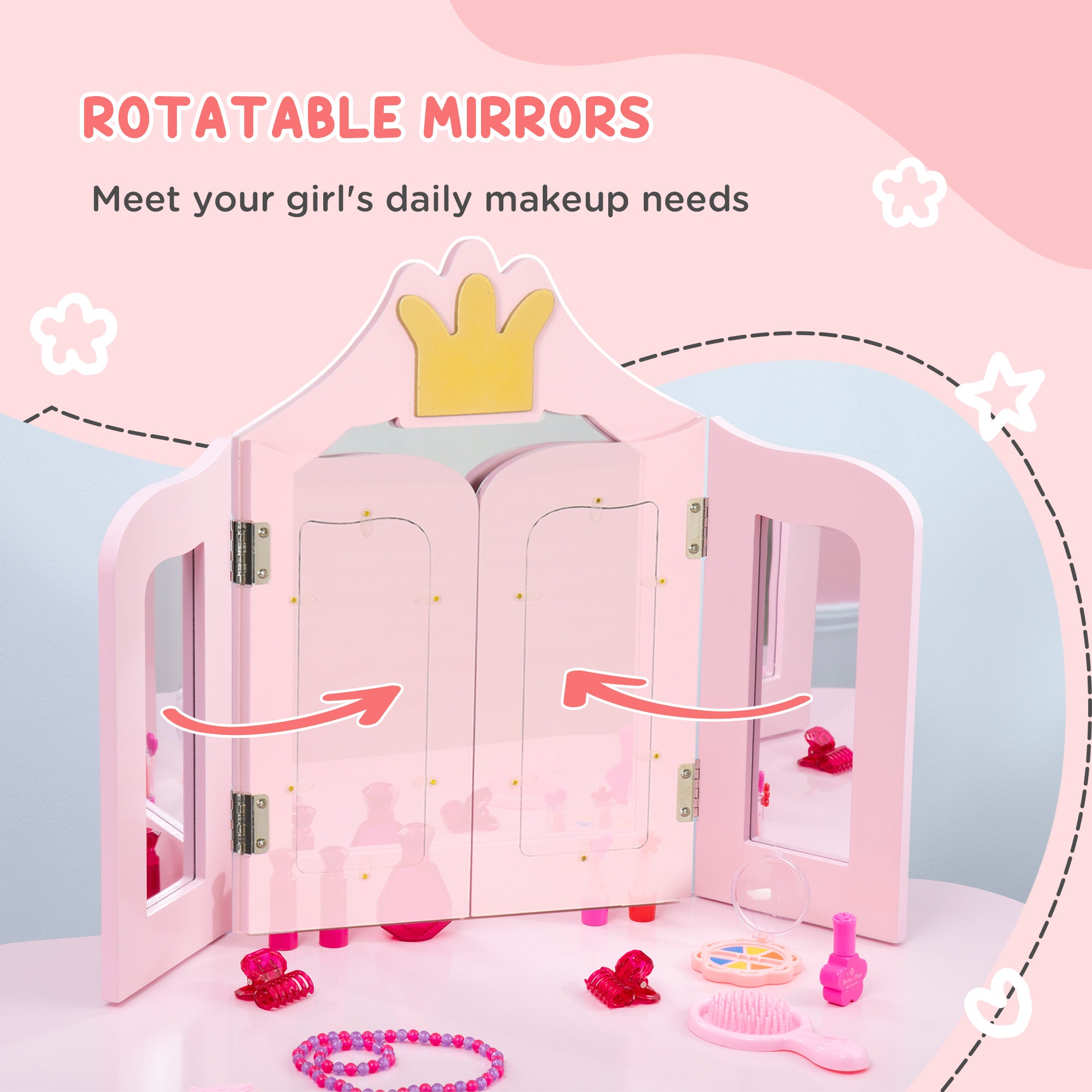 Kids Dressing Table with Mirror and Stool, Kids Vanity Set, Girl Makeup Desk with Rotatable Mirrors and Drawer, Pink