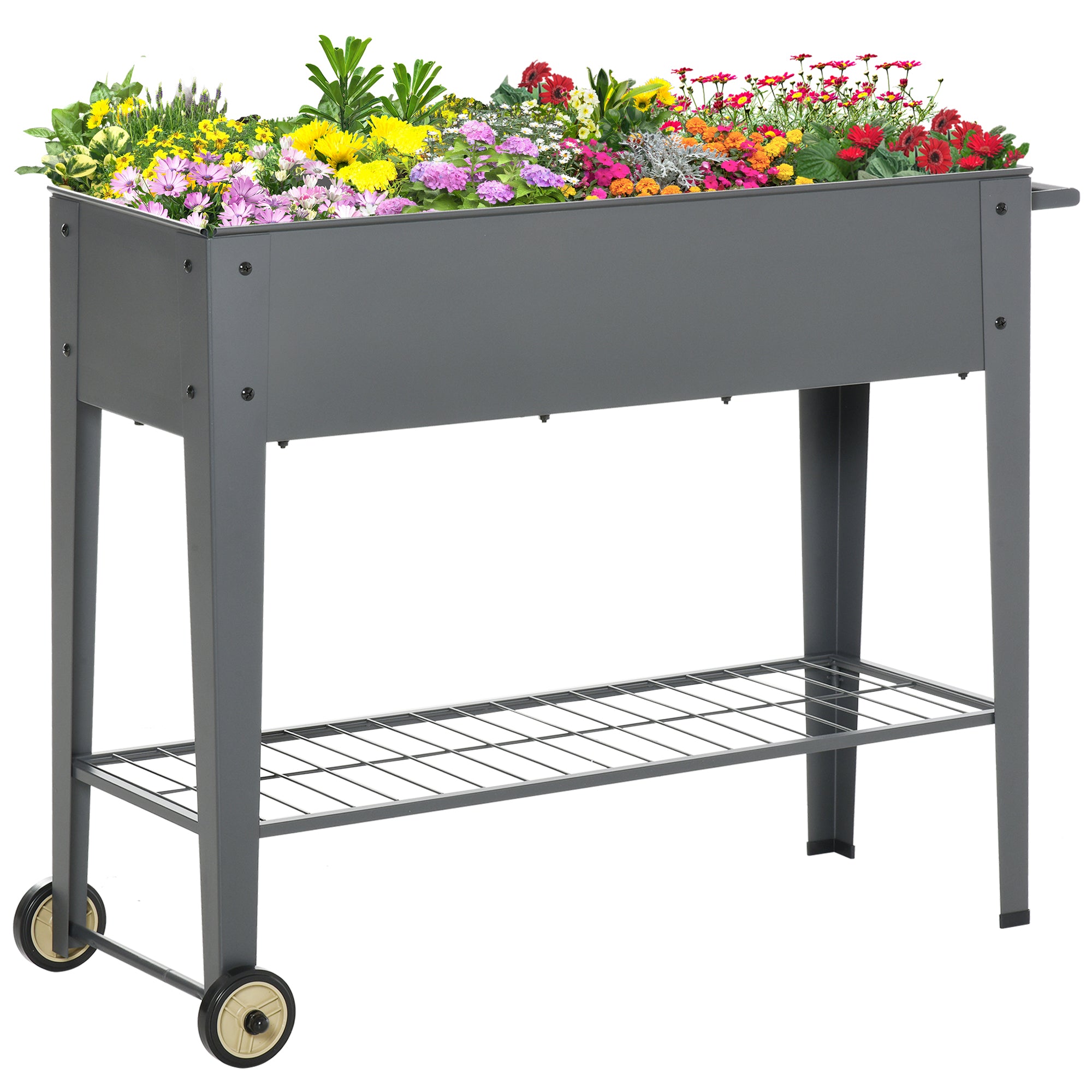 Raised Garden Bed with Wheels, Mobile Planter Flower Box with Bottom Shelf Grey, 104 x 39 x 80cm