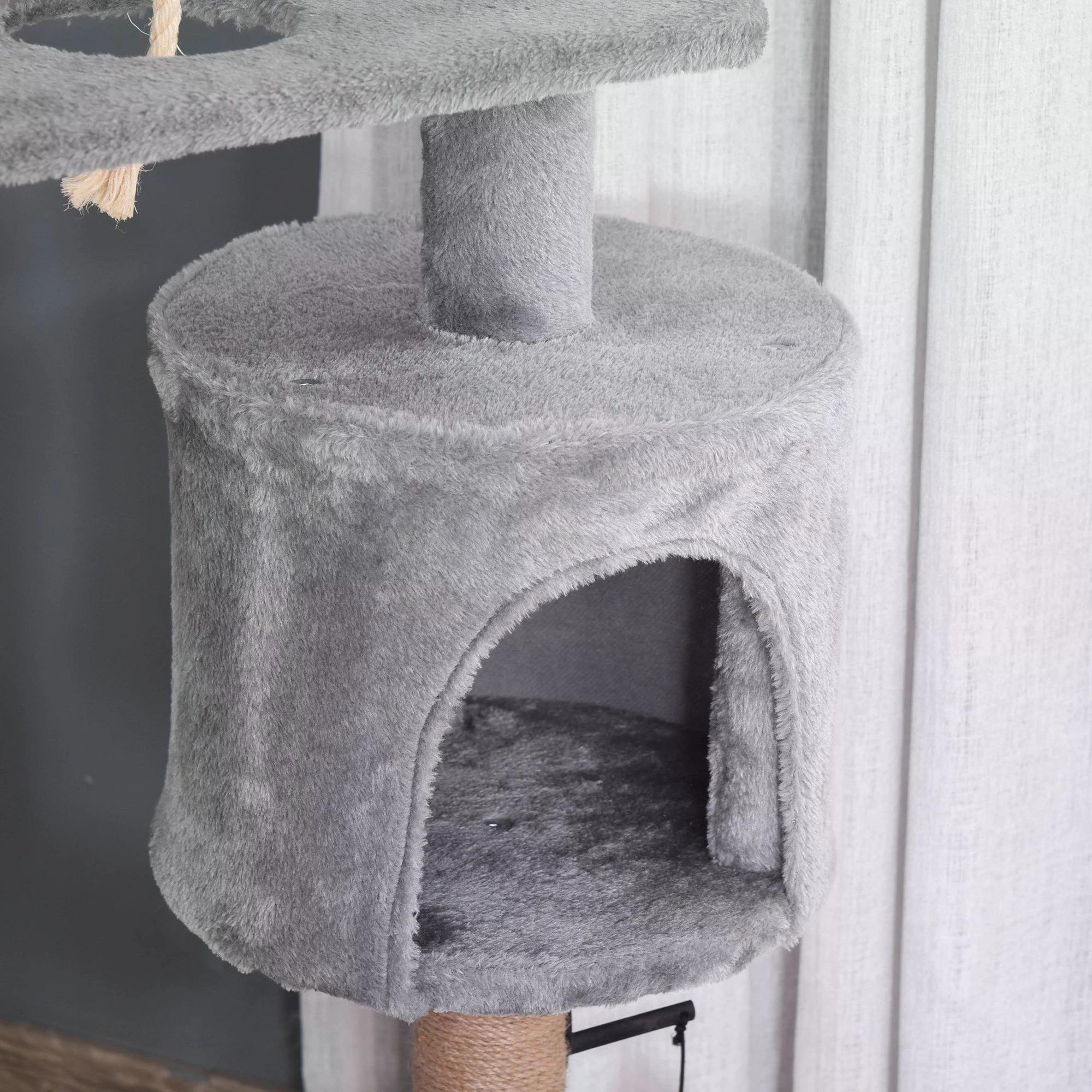 Cat Tree Cat Scratching Post 120cm with Jute Scratching Post Perch Hanging Ball Hammock Teasing Rope Condo Toy Light Grey