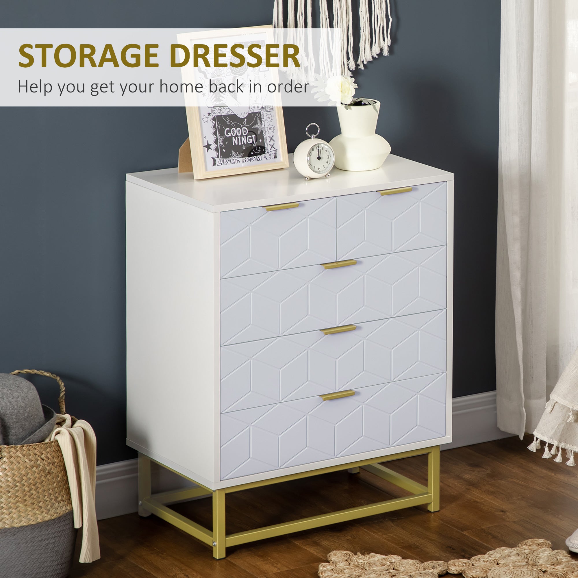 Modern Chest of Drawers, 5-Drawer Storage Organizer Unit with Golden Effect Steel Base for Bedroom, Living Room, Natural, White