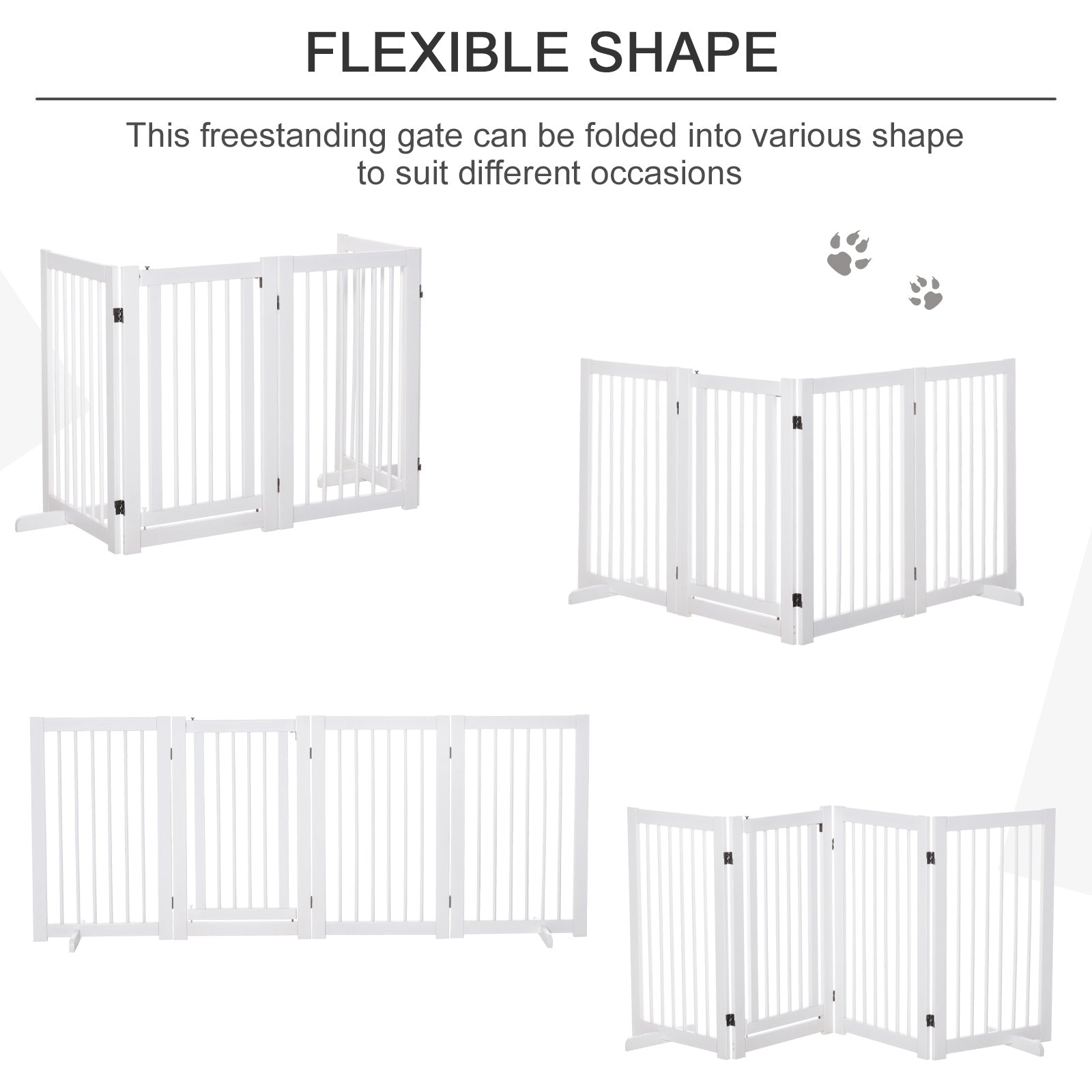 Wooden Freestanding Pet Gate 4 Panels 91cm Foldable Dog Safety Fence with 2 Support Feet Walk-through Door for Doorway Stairs White