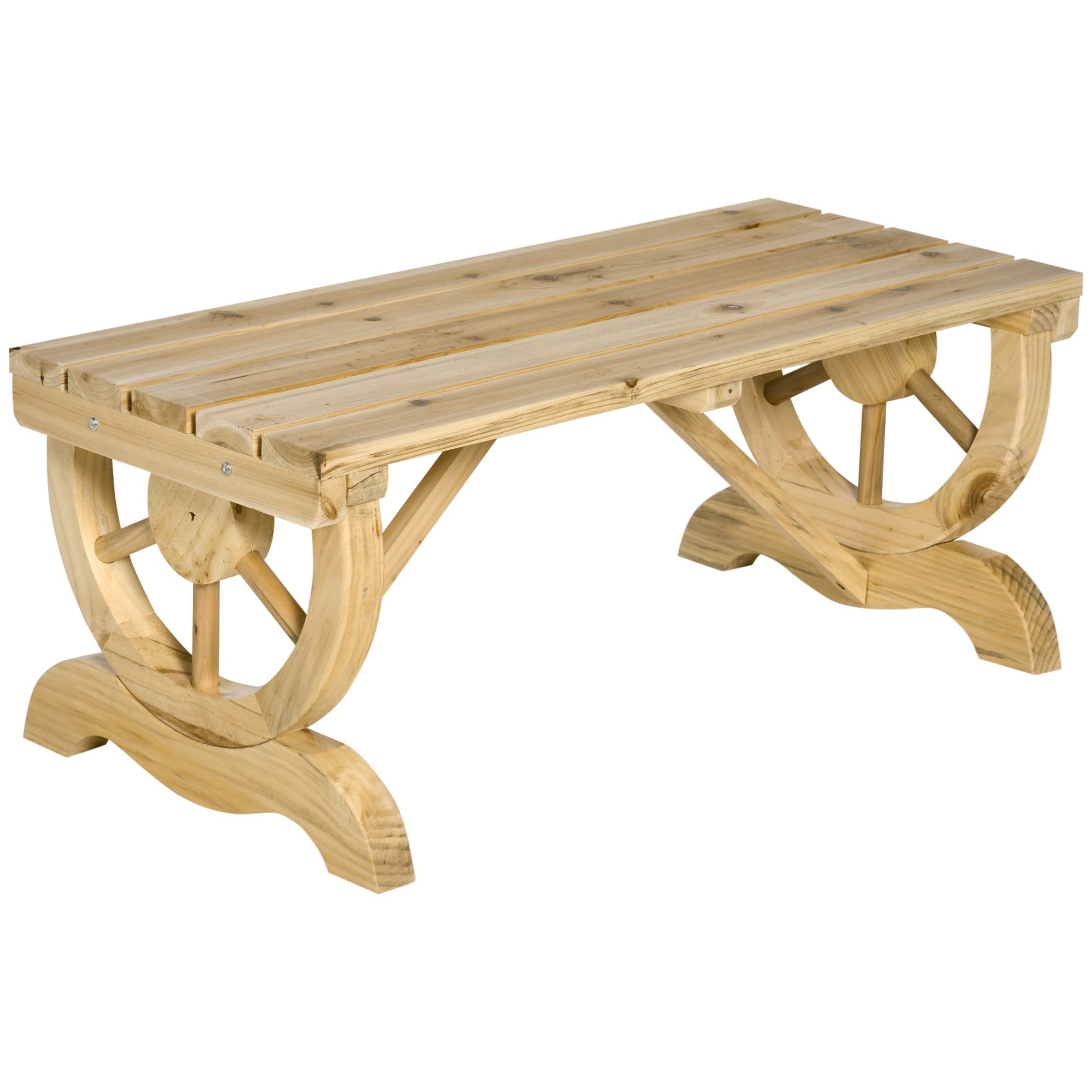 Rustic 2-Person Wooden Garden Bench with Wagon Wheel Legs Slatted Seat - Natural Wood Effect