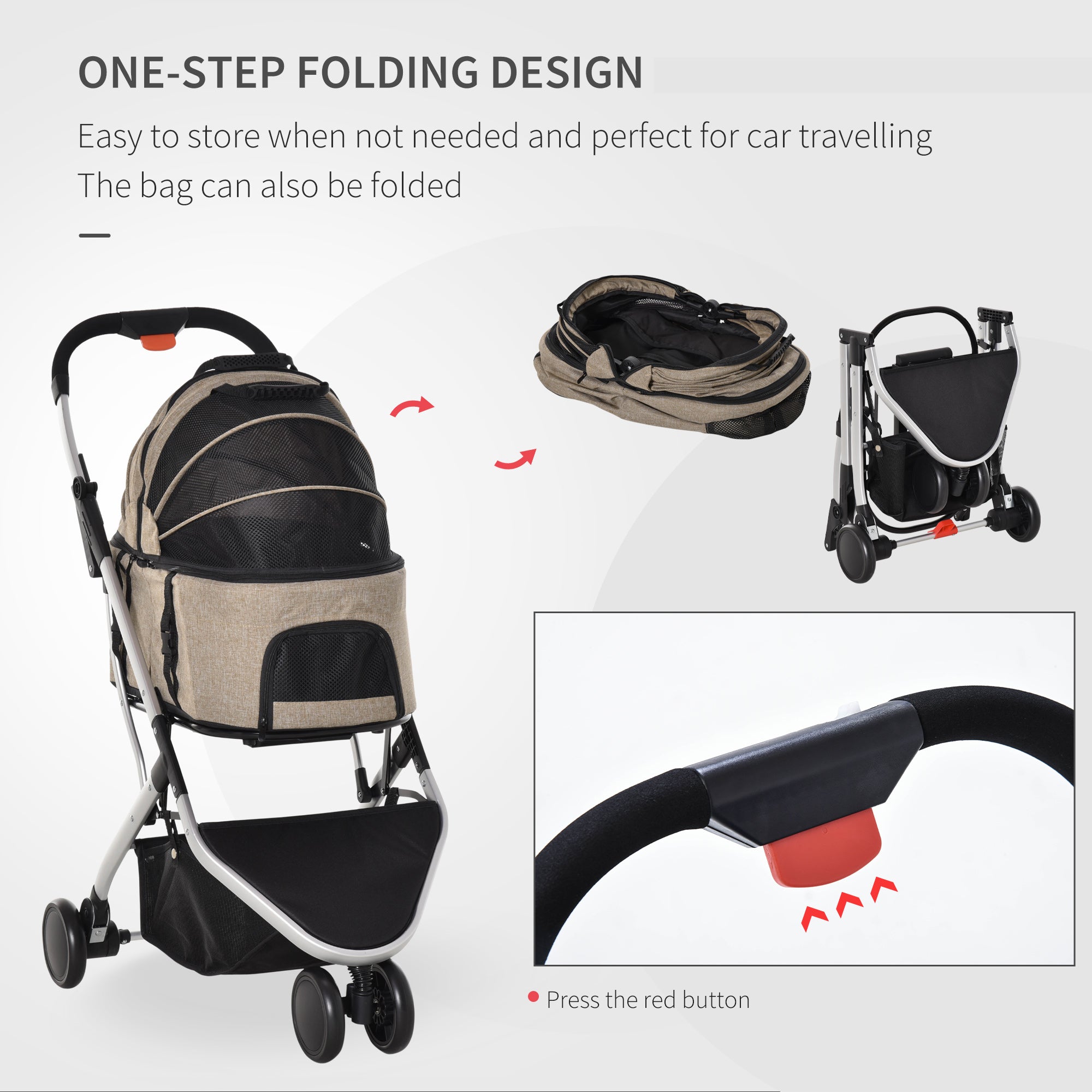 Pet Stroller Detachable Dog Pushchair 2-In-1 Foldable Cat Travel Carriage w/ Carrying Bag for XS Pets, Light Brown