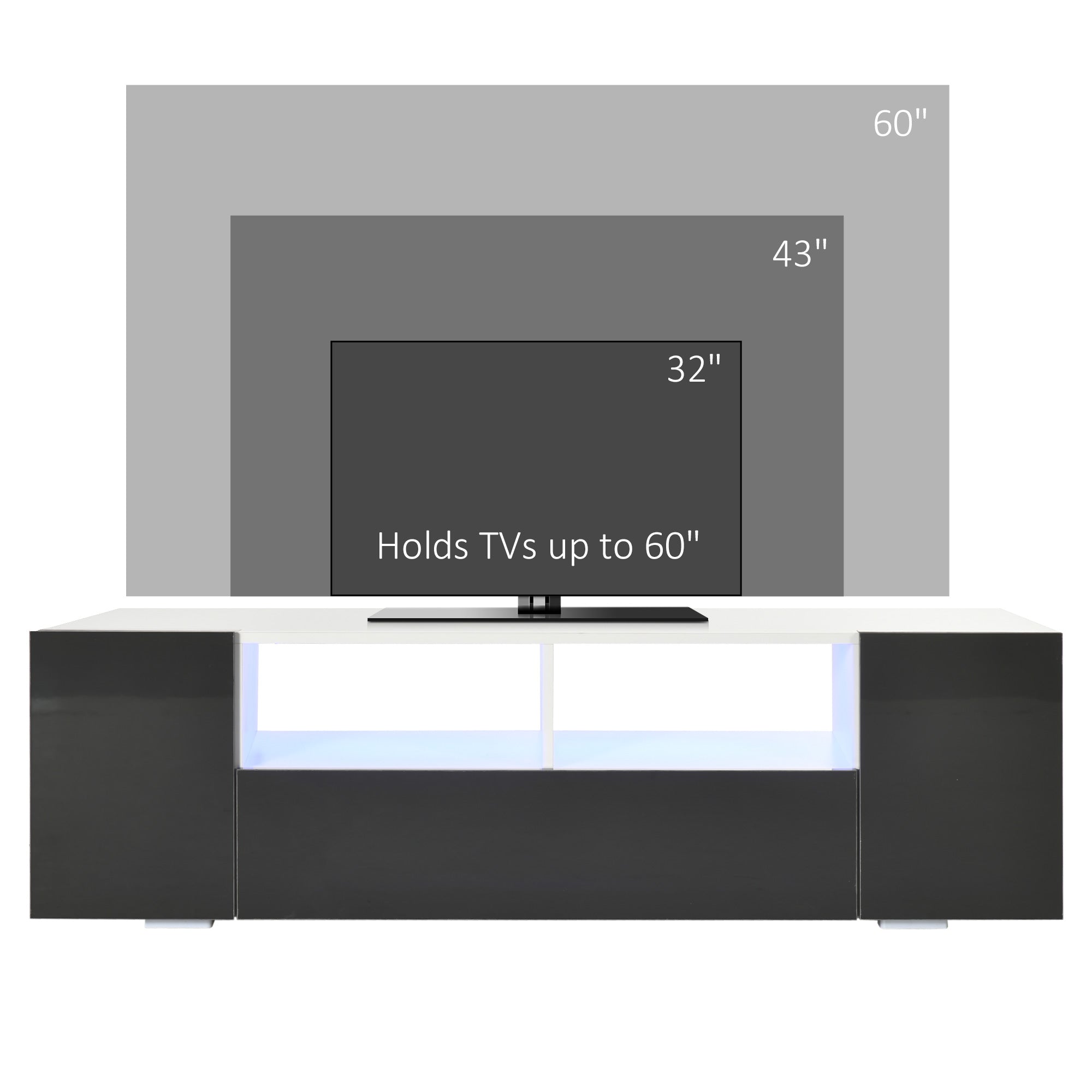 Modern TV Stand Unit for TVs up to 60" with LED Lights, Storage Shelves and Cupboards, 137cmx35cmx42cm, Grey