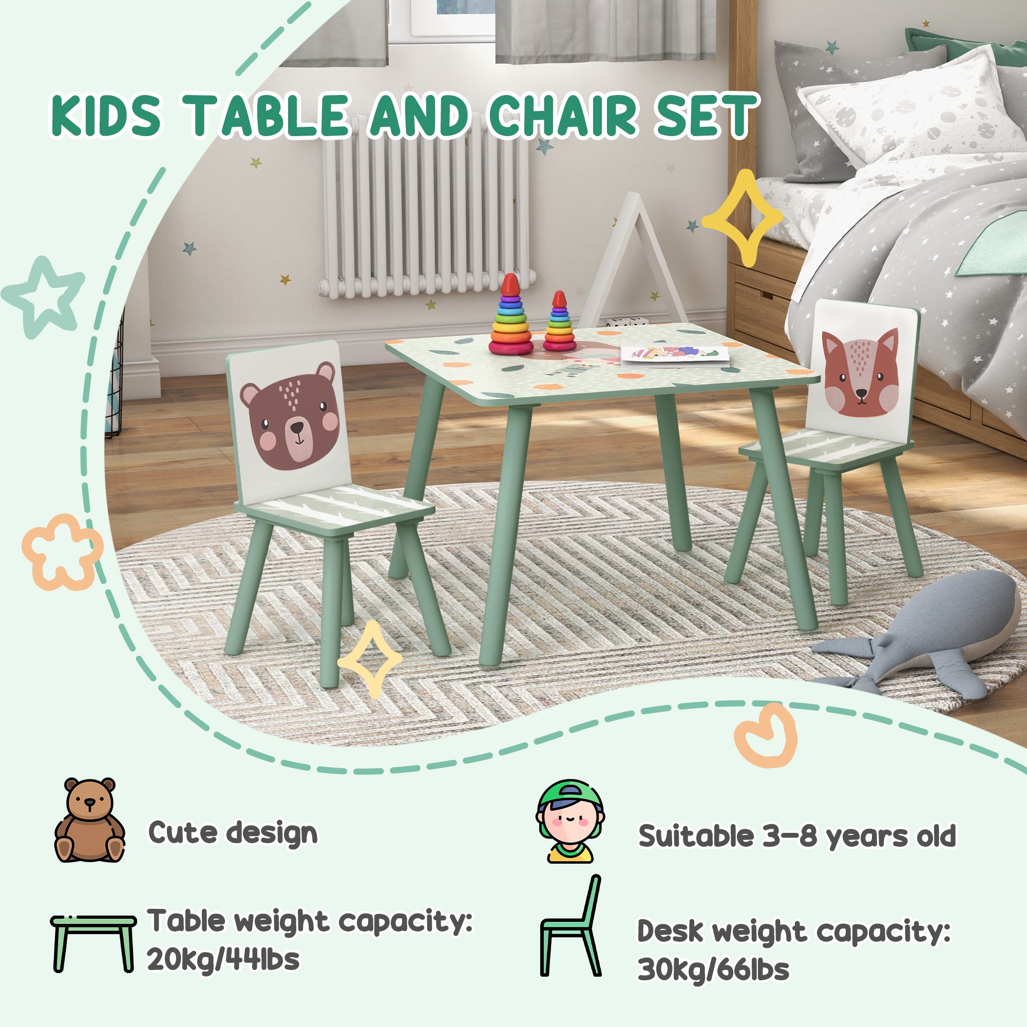 Kids Table and Chair Set and Kids Easel with Paper Roll, Storage Baskets, Kids Activity Furniture Set, Green