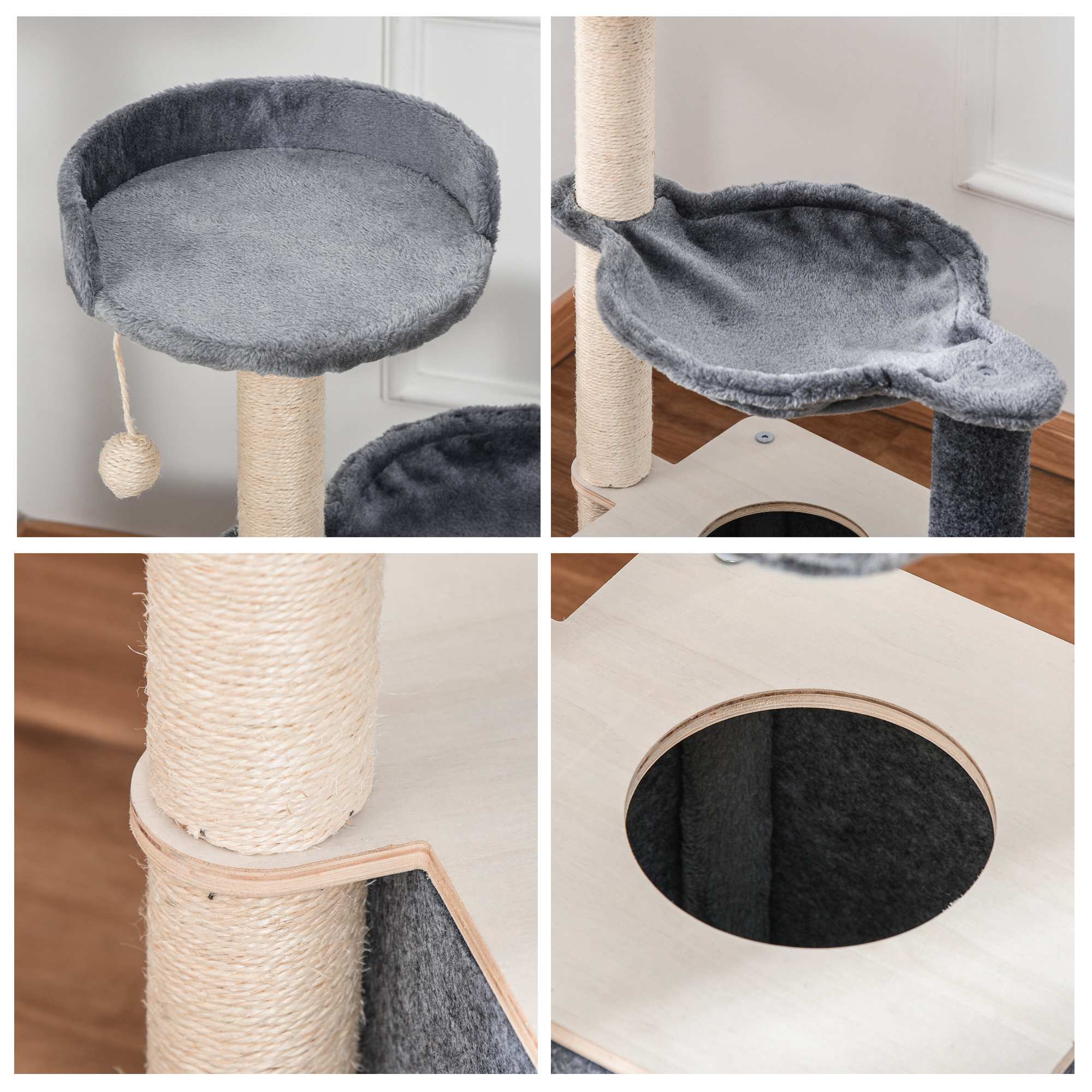 Cat Tree Cat Tower 95cm Climbing Kitten Activity Center with Sisal Scratching Post Perch Roomy Condo Hammock, Grey