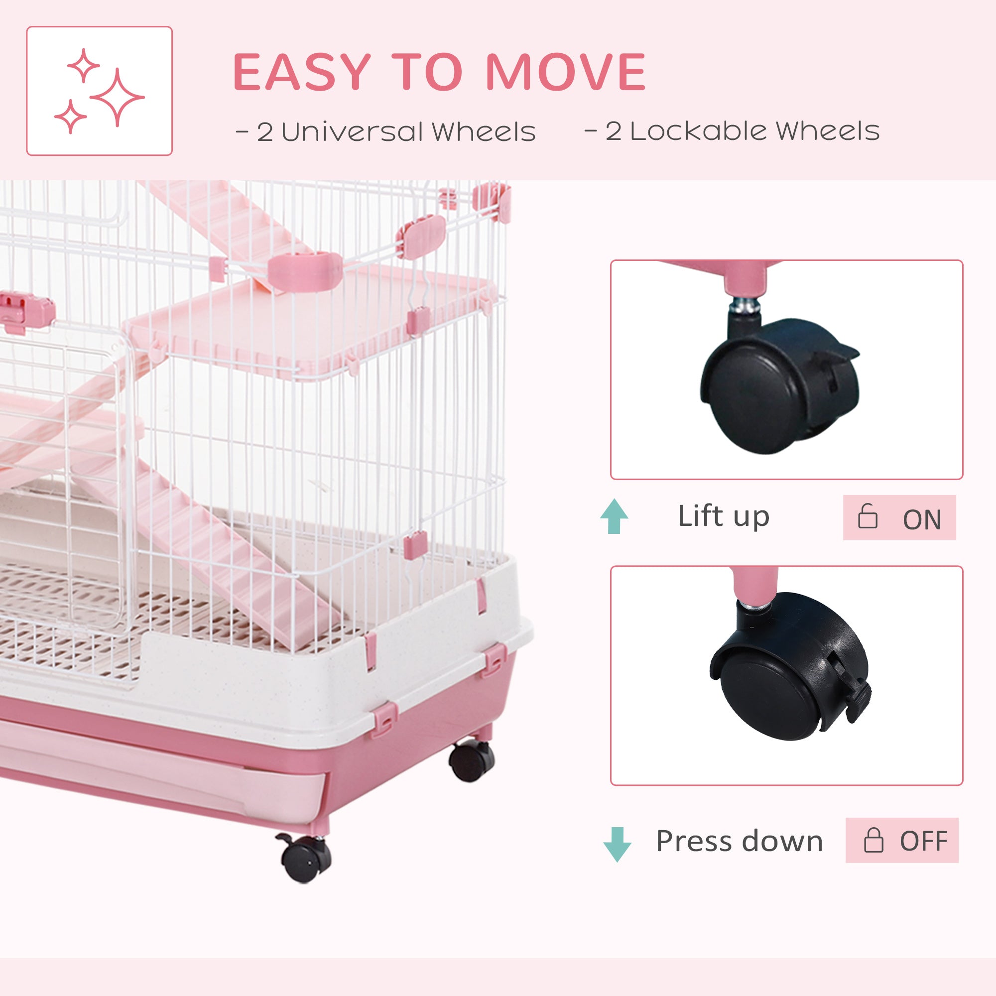 Four-Tier Small Animal Cage, for Bunnies, Ferrets, Chinchillas w/ Wheels, Tray - Pink