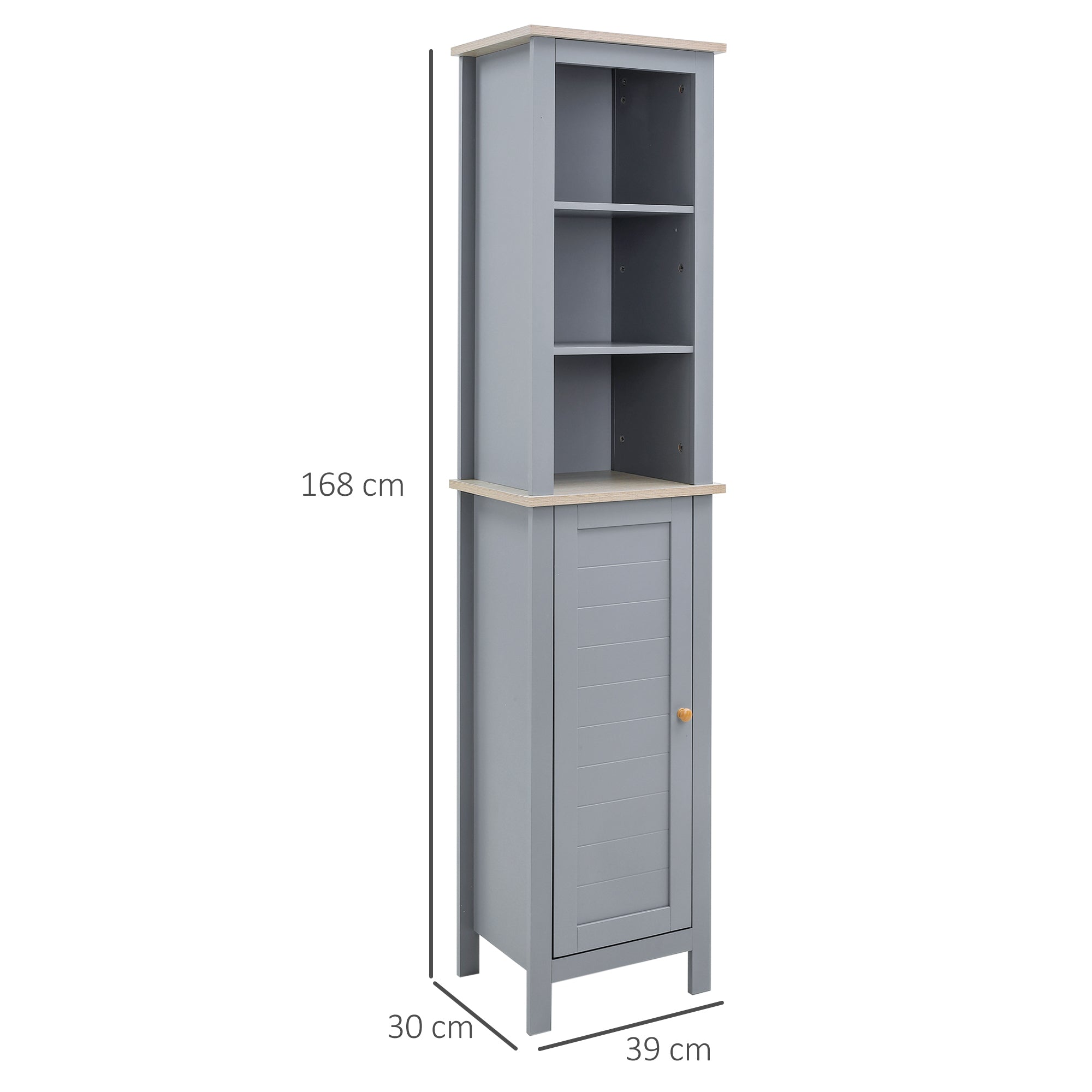 Bathroom Floor Storage Cabinet with 3 Tier Shelf and Cupboard with Door, Free Standing Linen Tower, Tall Slim Side Organizer Shelves, Grey