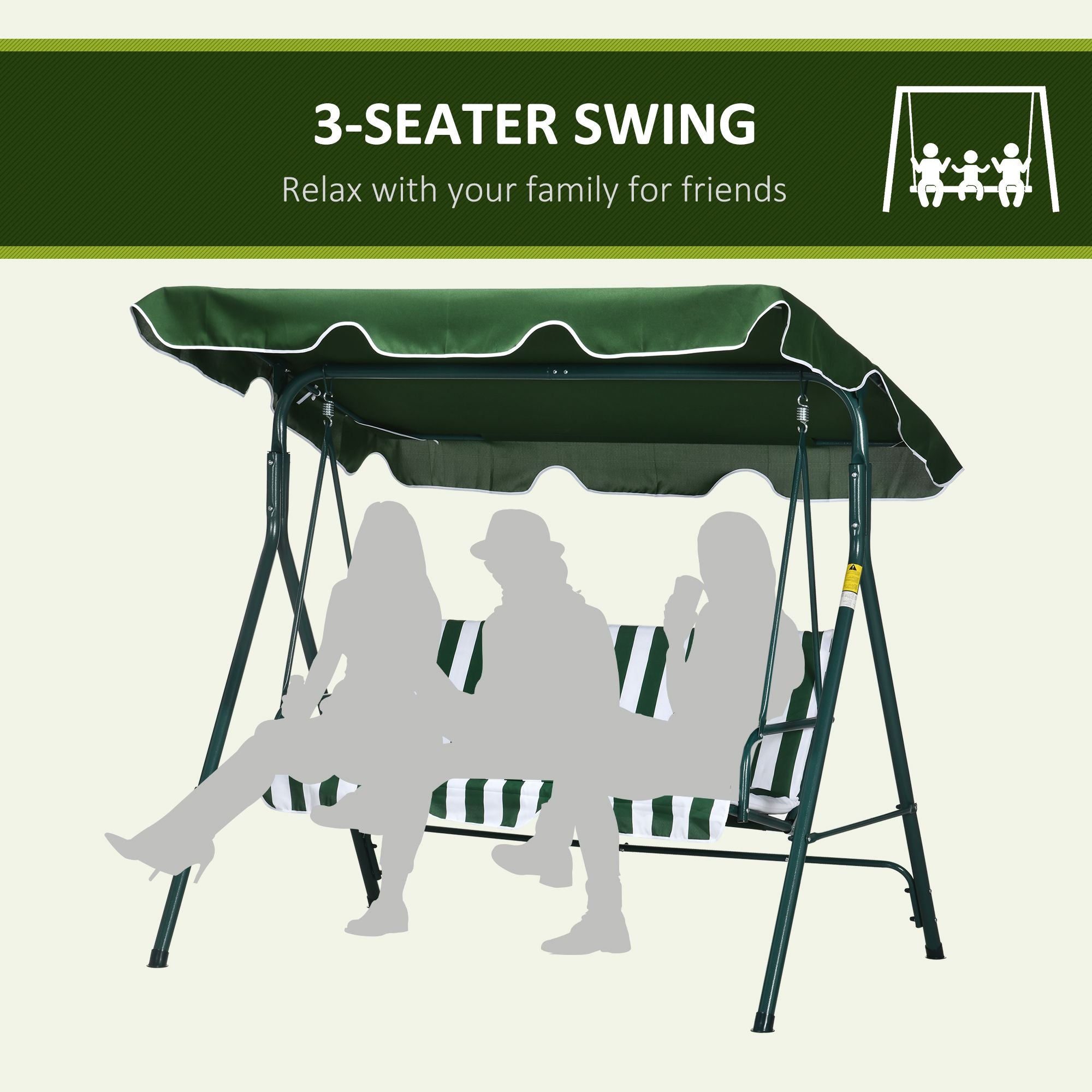 3 Seater Garden Swing Chair W/ Adjustable Canopy, Garden Swing Seat with Steel Frame, Padded Seat, Green