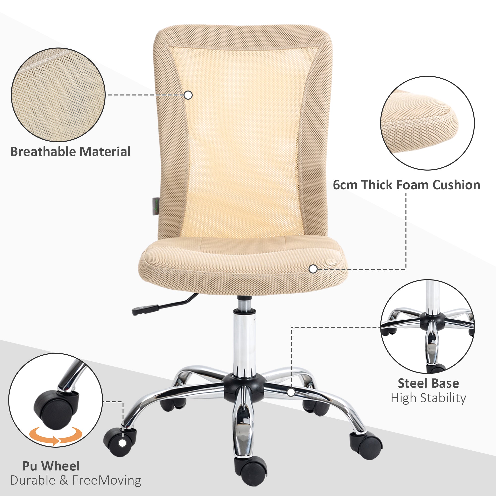 Computer Desk Chair, Mesh Office Chair with Adjustable Height and Swivel Wheels, Armless Study Chair, Beige