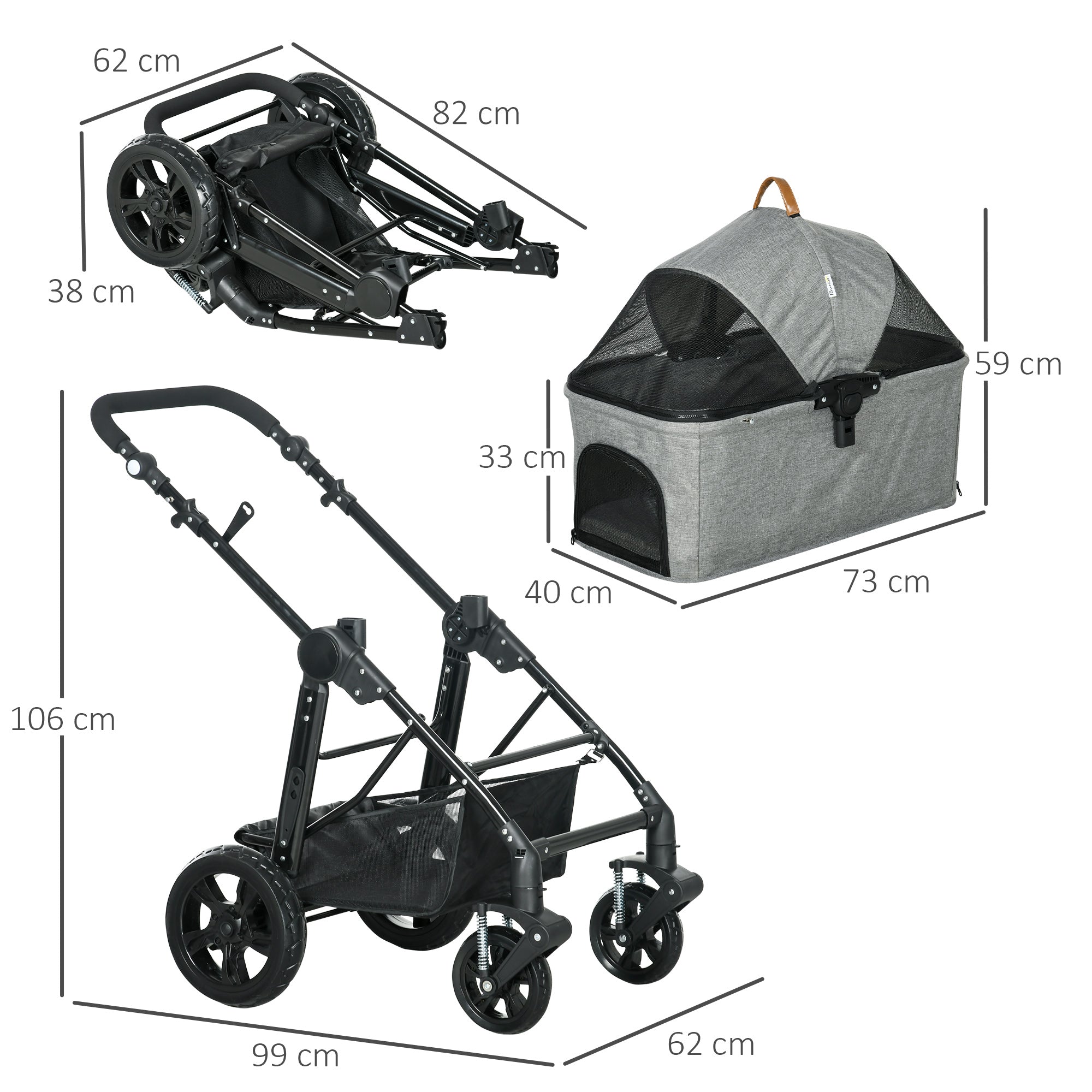 2-In-1 Design No-Zip Pet Stroller Detachable Bag Travel Trolley with Shock-absorbing System Brake Basket Adjustable Handlebar Safety Leash Grey