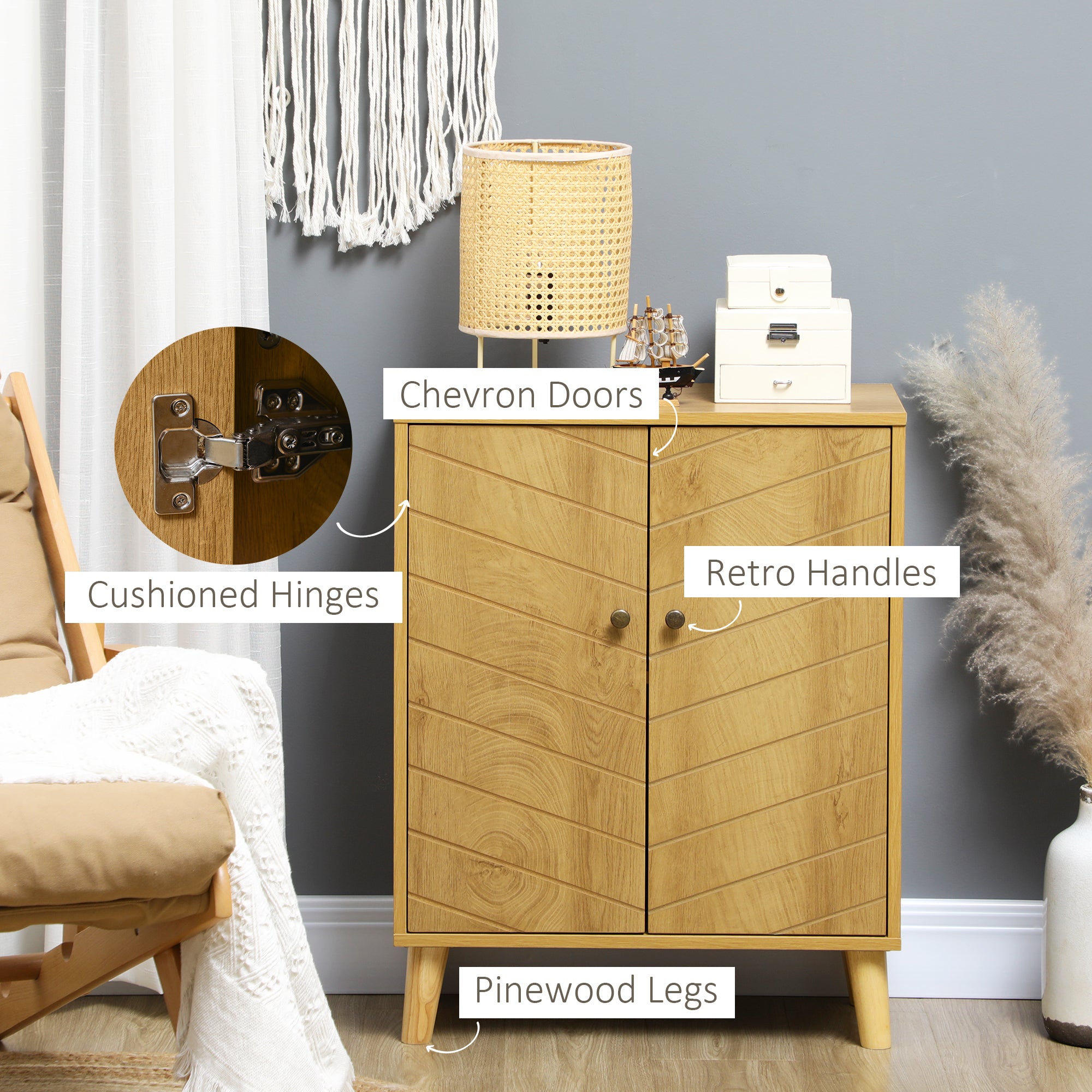 Vintage Storage Cabinet with Double Chevron Doors and Pine Wood Legs - Natural Wood Effect