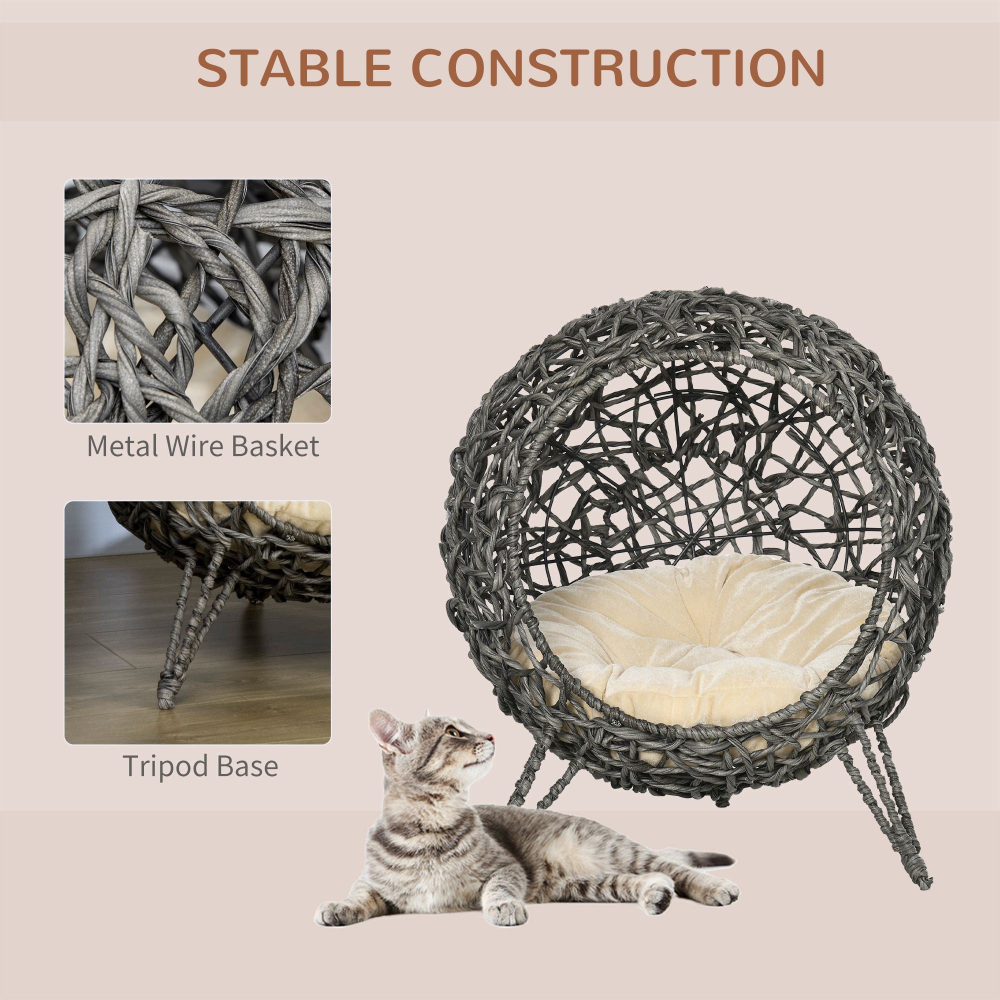 Rattan Elevated Cat Bed House Kitten Basket Ball Shaped Pet Furniture w/ Removable Cushion - Silver-Tone and Grey